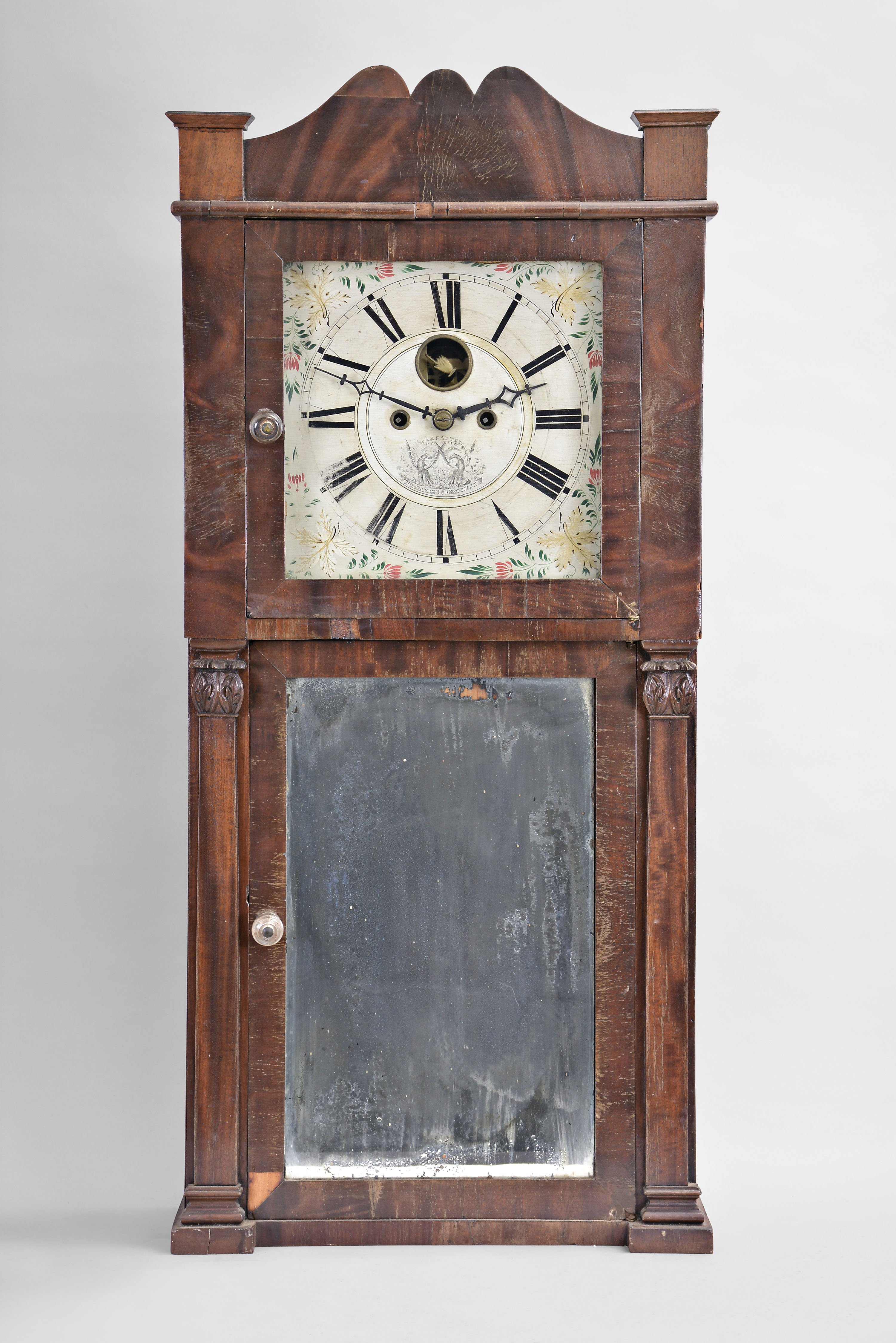 Hotchkiss &amp; Benedict, Auburn, New York, 8 day, time and strike weight brass movement flat column and splat shelf clock. — Antique Clocks Price Guide
