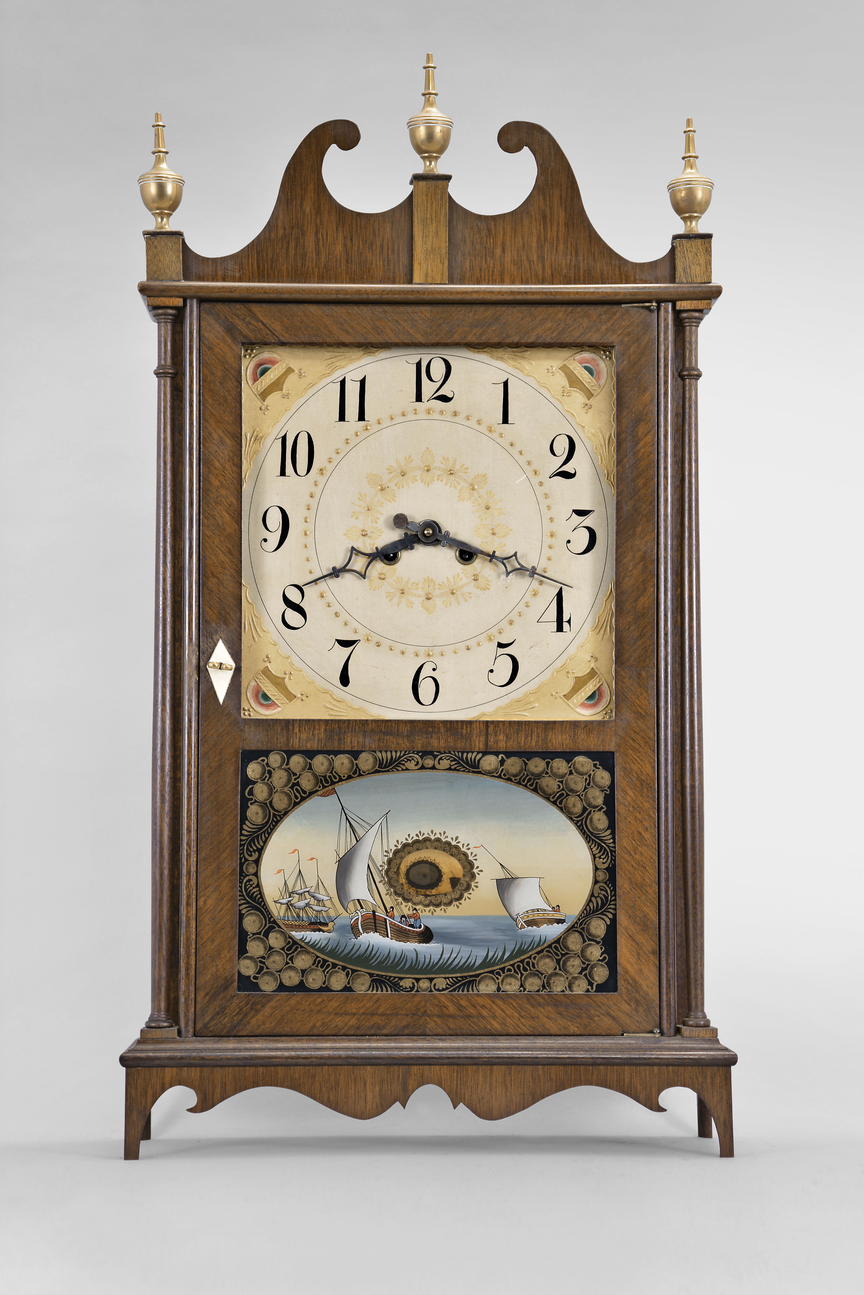 H. W. Cantley, Ocean City, New Jersey, 8 day, time and strike spring brass movement copy of a pillar &amp; scroll shelf clock. — Antique Clocks Price Guide