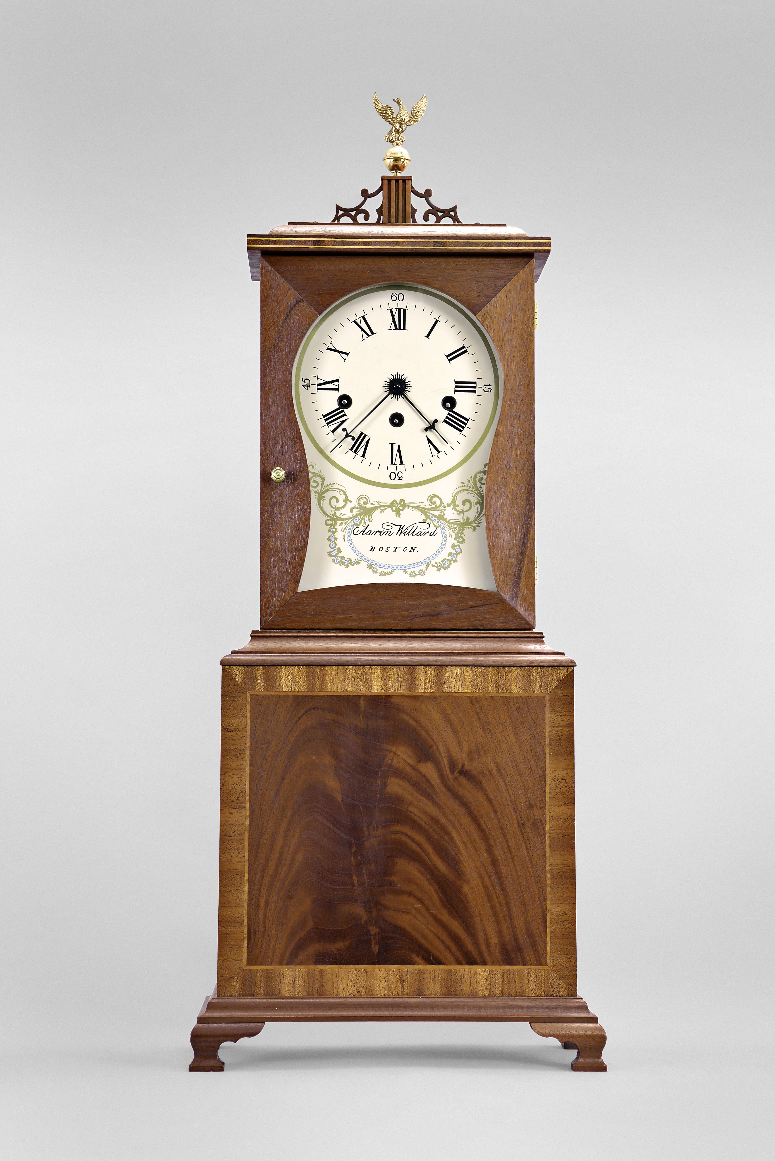 Unsigned, modern copy of an 8 day, time, strike and chime spring-driven brass movement of a Willard style Massachusetts shelf clock. — Antique Clocks Price Guide