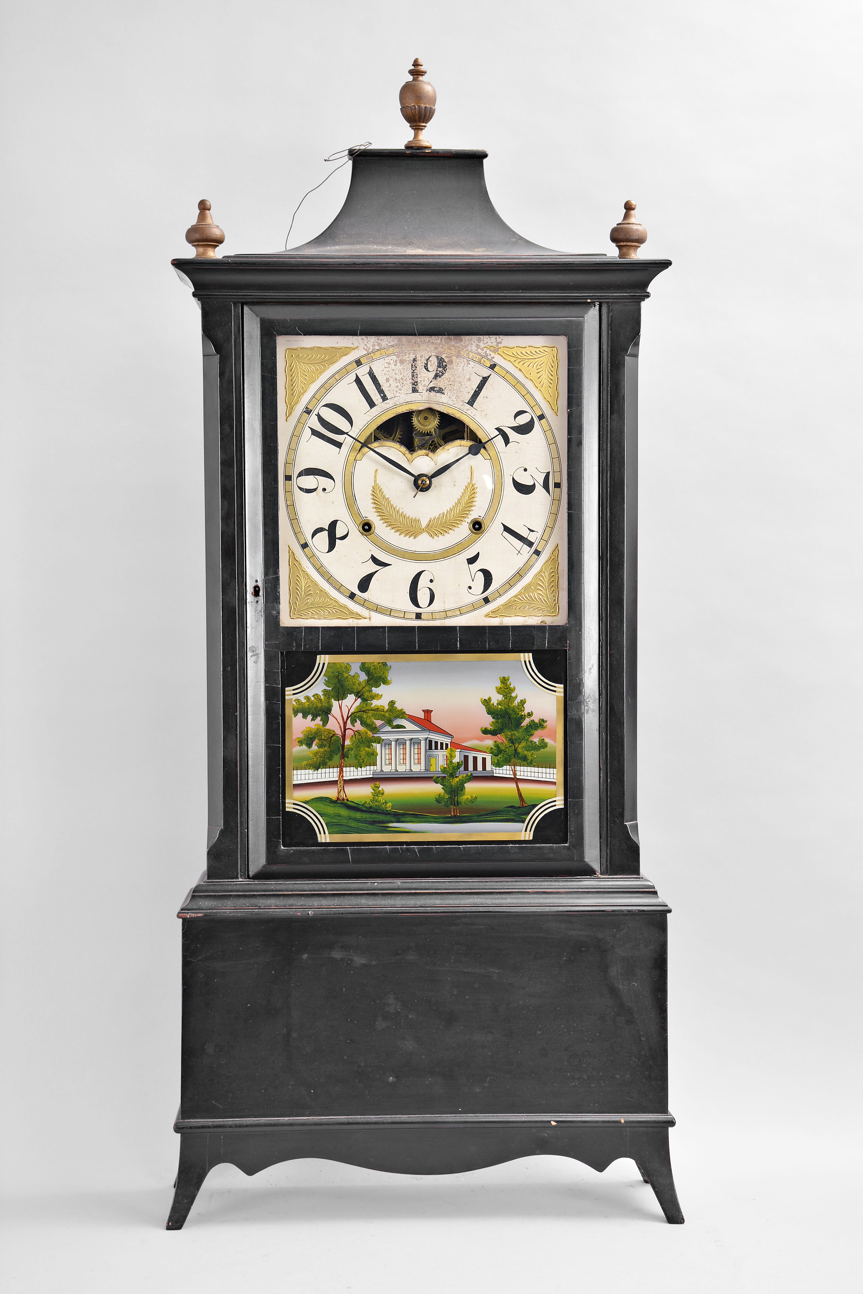 An old shelf clock case, perhaps Colonial Revival or earlier, now fitted with a Birge, Mallory &amp; Co., Bristol, Conn., 8 day, time and strike weight strap brass movement, c1840. — Antique Clocks Price Guide