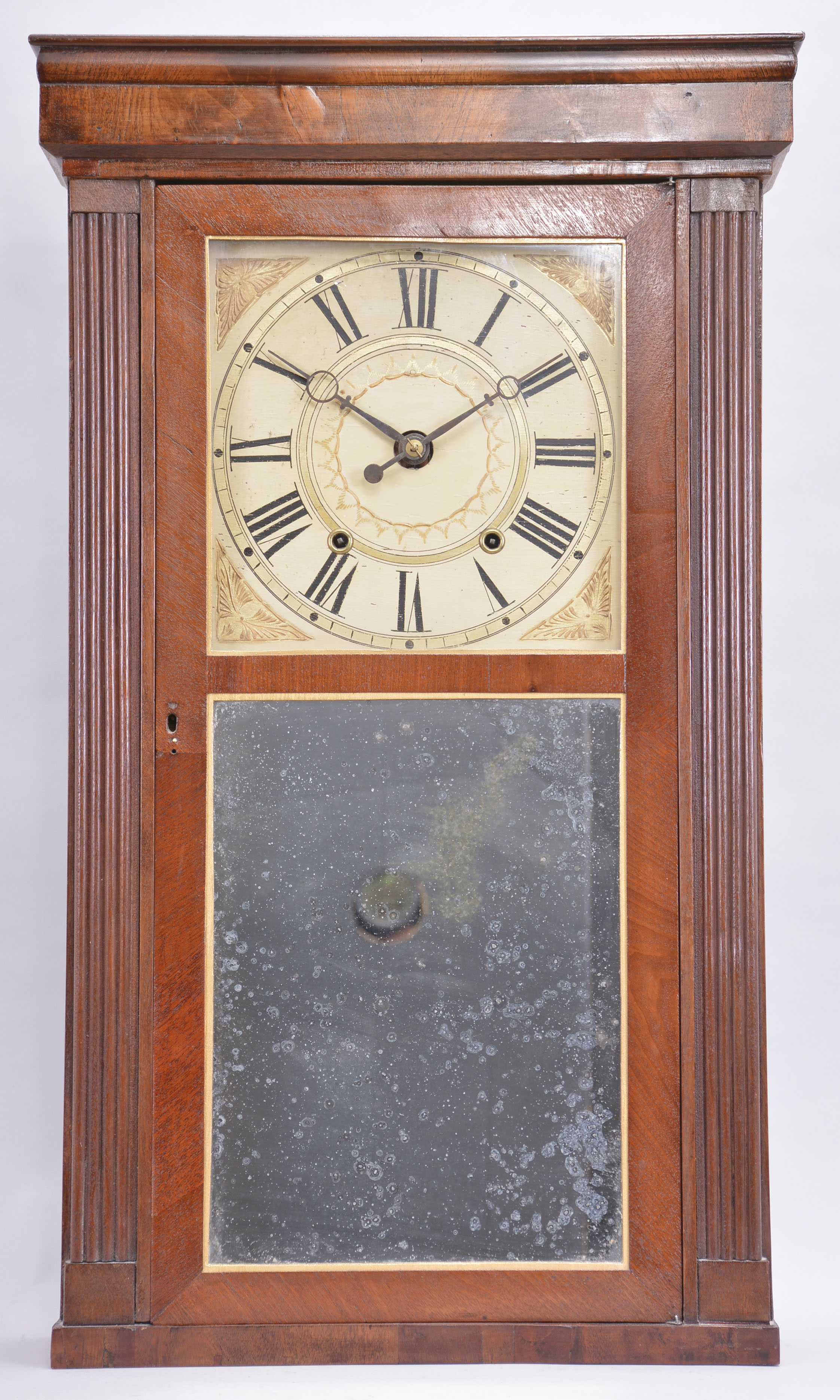 Clocks- 2 (Two): (1) Henry C. Smith, Bristol, Conn., 30 hour, time and strike weight wood movement reeded pilaster and cornice top shelf clock. c1835 (2) Jerome &amp; Darrow, Bristol, Conn. 30 hour, time and strike, weight wood movement column &amp; cornice shelf clock. c1830 — Antique Clocks Price Guide
