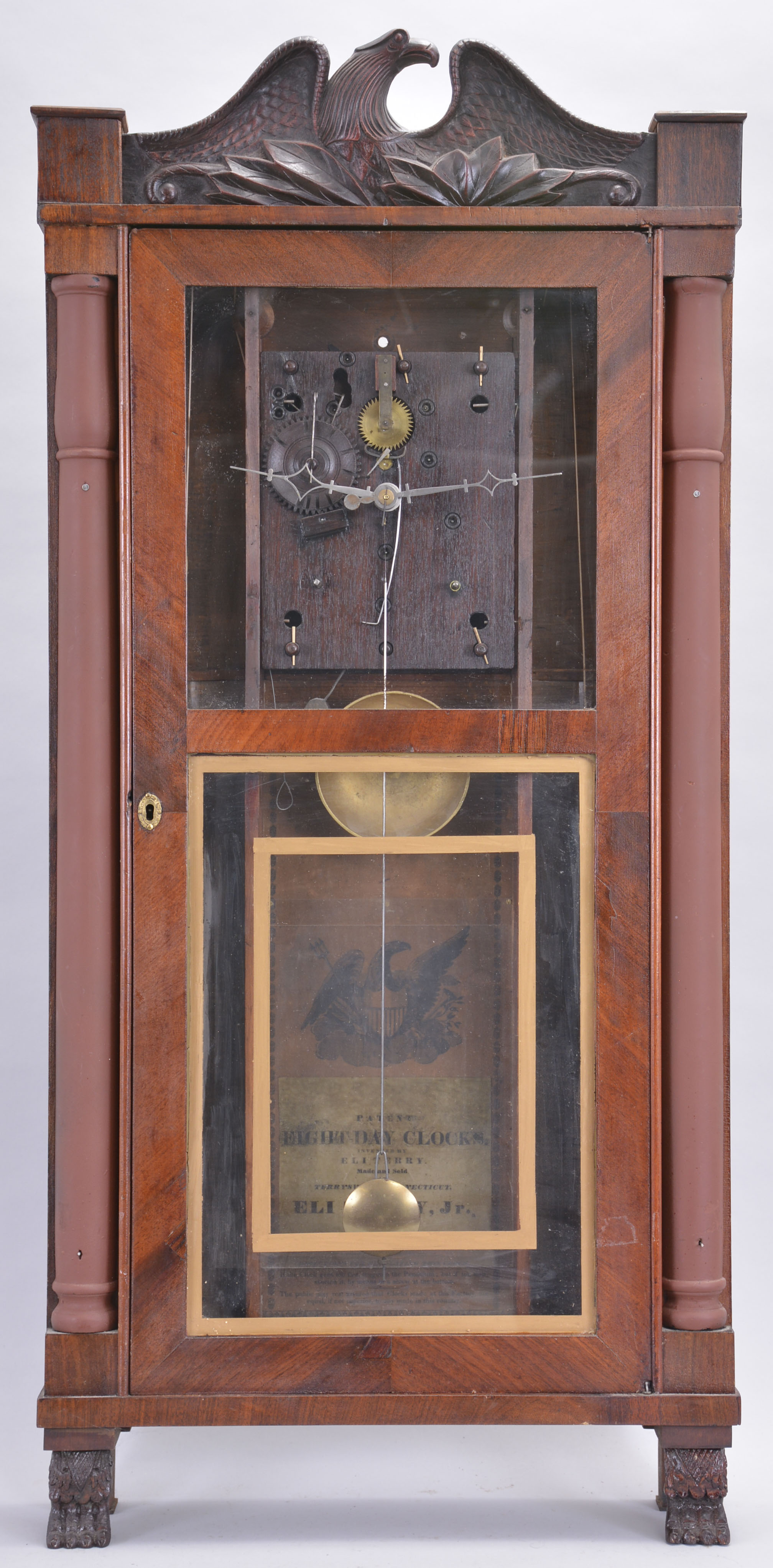 Clocks- 3 (Three) :,(1) Bloomer &amp; Sperry, New York, 30 hour, time and strike weight brass movement 4-column and OG molding shelf clock. c1845 (2) Eli Terry, Jr., Terrysville, Conn., 8 day, time and strike weight wood movement half column &amp; eagle splat shelf clock. c1830 (3) David Dutton, Mount Vernon, New Hampshire, 30 hour, time, strike and alarm quarter column &amp; splat shelf clock. c1830 — Antique Clocks Price Guide
