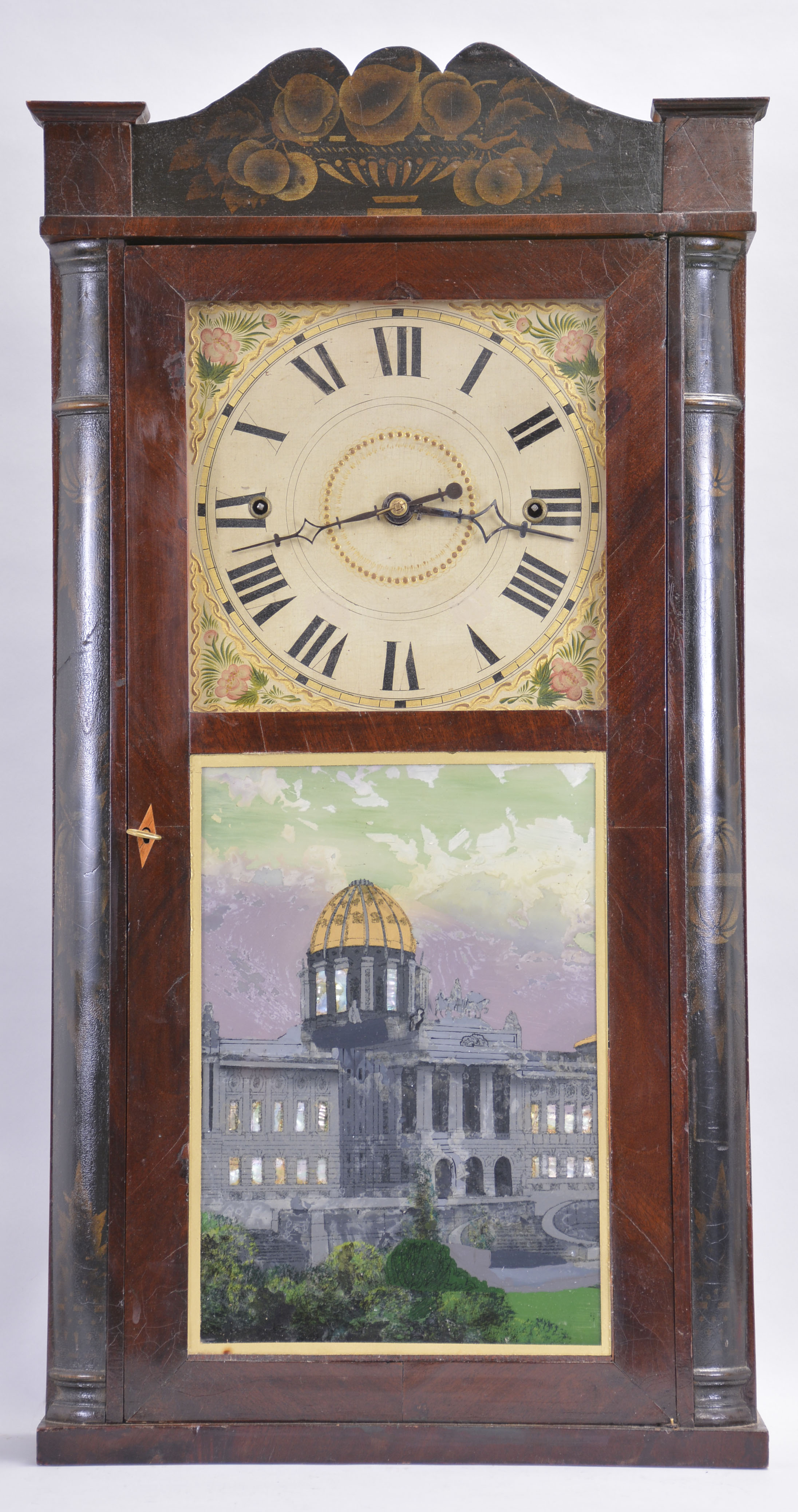 Clocks- 3 (Three) :(1) Forestville Mfg. Co., Bristol, Conn., 8 day, time and strike weight brass movement column &amp; cornice shelf clock. c1850 (2) Henry Judd, Torrington, Conn., 30 hour, time and strike weight wood Torrington movement shelf clock. c1830. (3) Riley Whiting, Winchester, Conn., 8 day, time and strike weight wood movement column &amp; cornice top shelf clock. c1830 — Antique Clocks Price Guide
