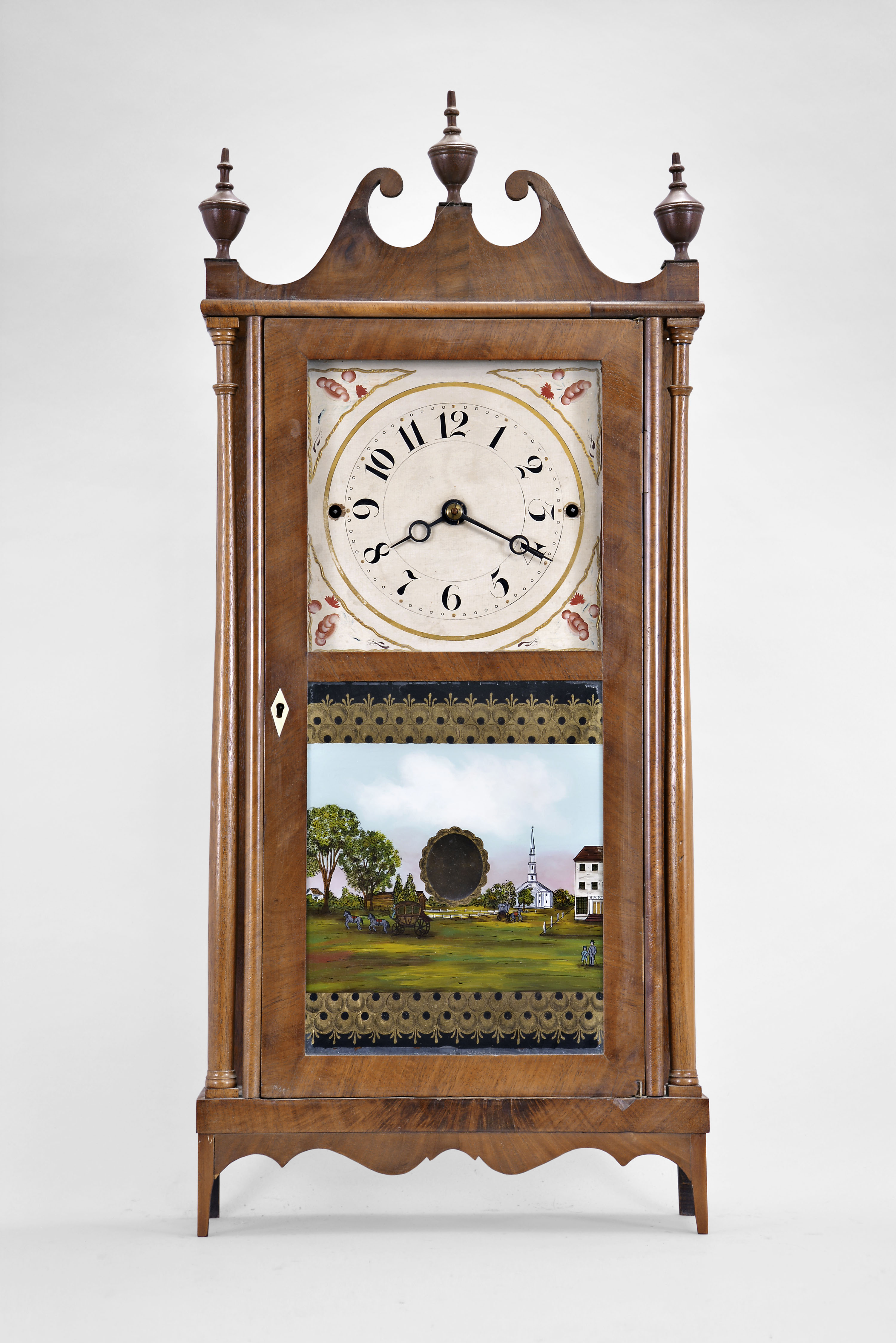 Erastus Hodges, Torrington, Conn., 30 hour, time and strike weight wood Torrington movement pillar &amp; scroll shelf clock. — Antique Clocks Price Guide
