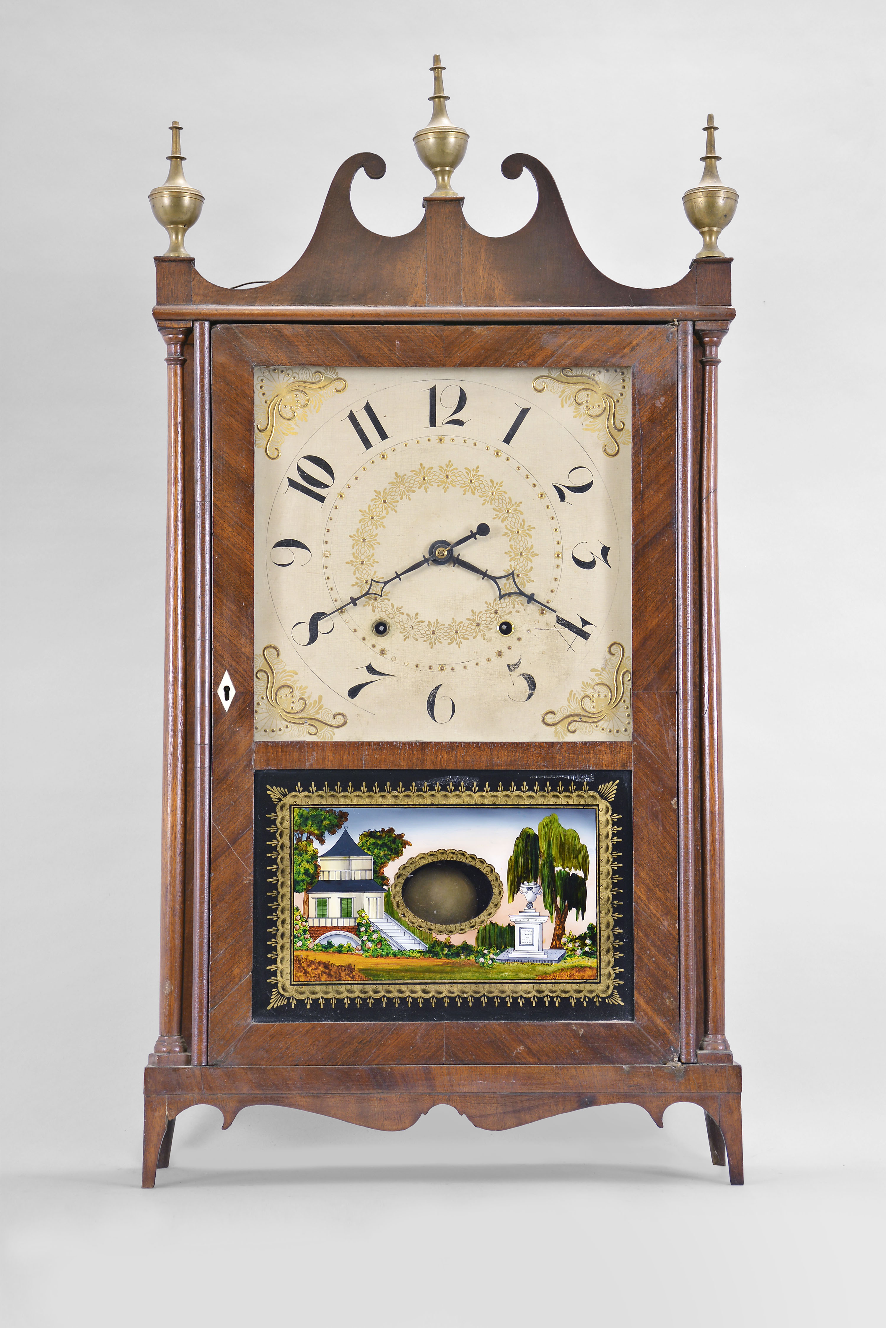 Chauncey Ives, Bristol, Conn., 8 day, time and strike weight wood movement pillar &amp; scroll shelf clock — Antique Clocks Price Guide