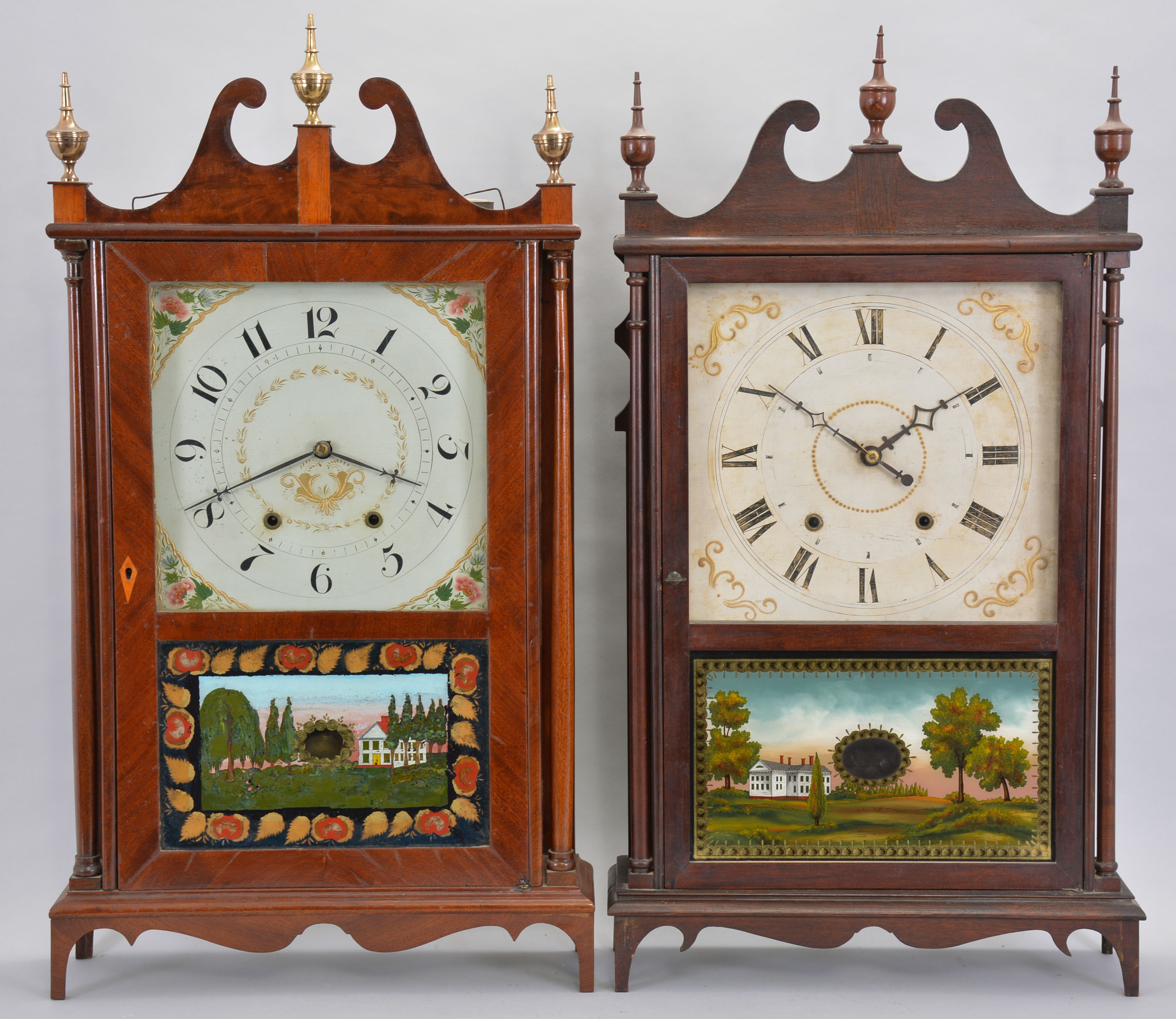 Clocks- 2 (Two): (1) Wadworths &amp; Turners, LItchfield, Conn., 30 hour, time and strike weight wood movement pillar &amp; scroll shelf clock. c1830 (2) Bunnell &amp; Scoville, Owego, Tioga County, New York, 30 hour, time and strike weight wood movement pillar &amp; scroll shelf. — Antique Clocks Price Guide