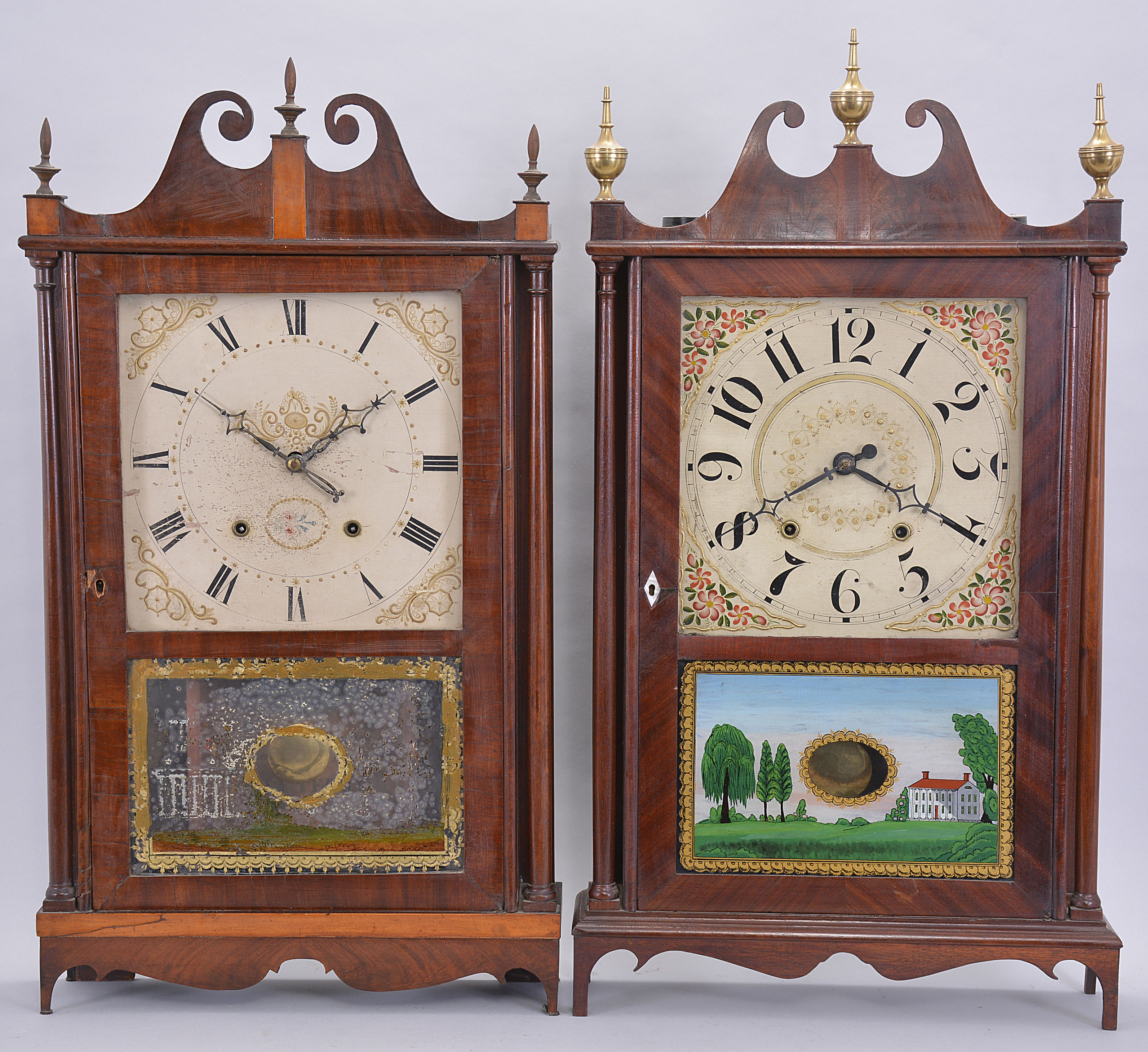 Clocks- 2 (Two): (1) Eli Terry, Plymouth, Conn., 30 hour, time and strike weight wood movement pillar &amp; scroll shelf clock. c1820 (2) (Possibly) Ephraim Downs, Bristol, 30 hour, time and strike weight wood movement pillar &amp; scroll shelf clock. c1830. — Antique Clocks Price Guide