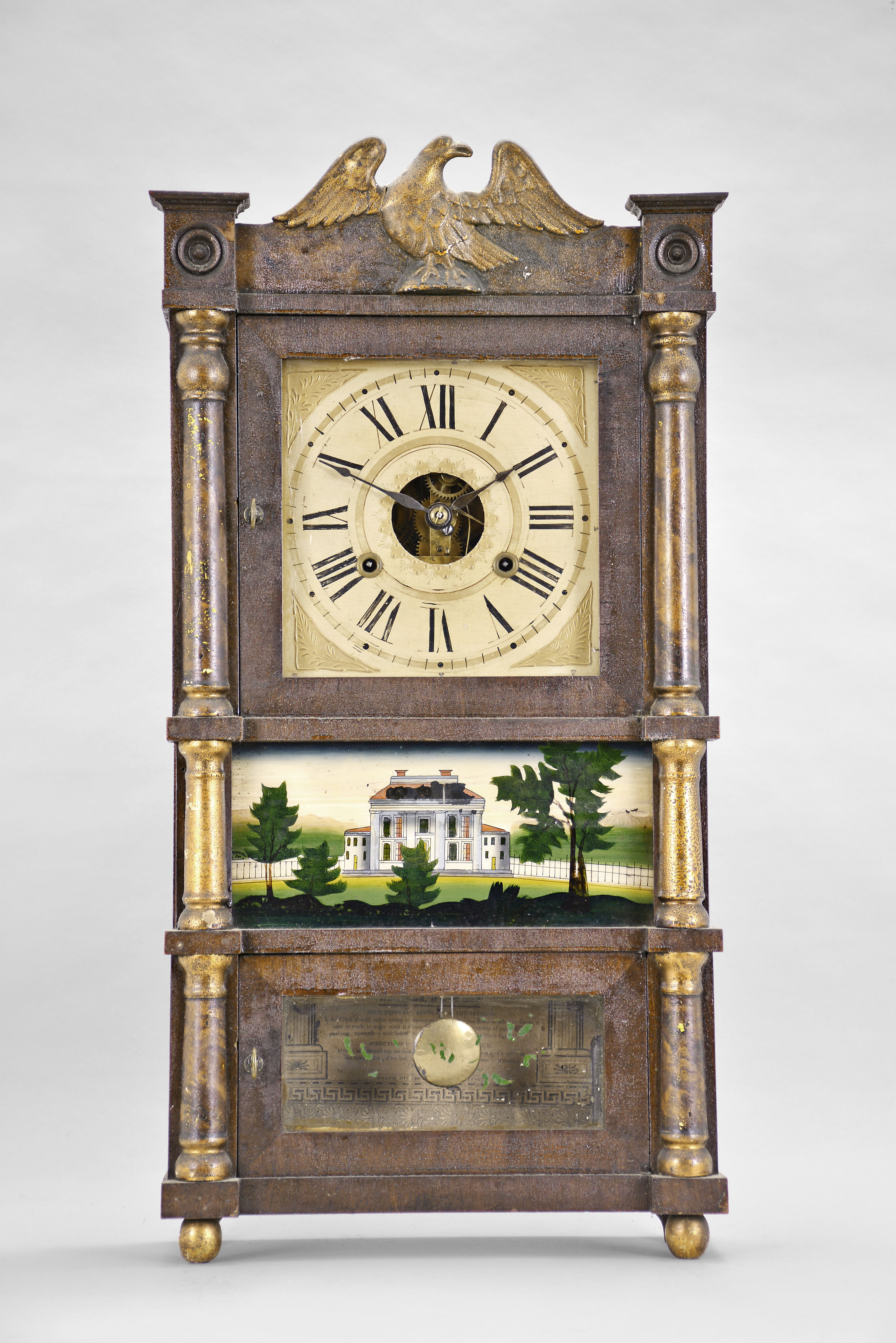 Birge, Mallory &amp; Co., Bristol, Conn., 30 hour, time and strike weight strap brass movement miniature triple decker shelf clock. — Antique Clocks Price Guide