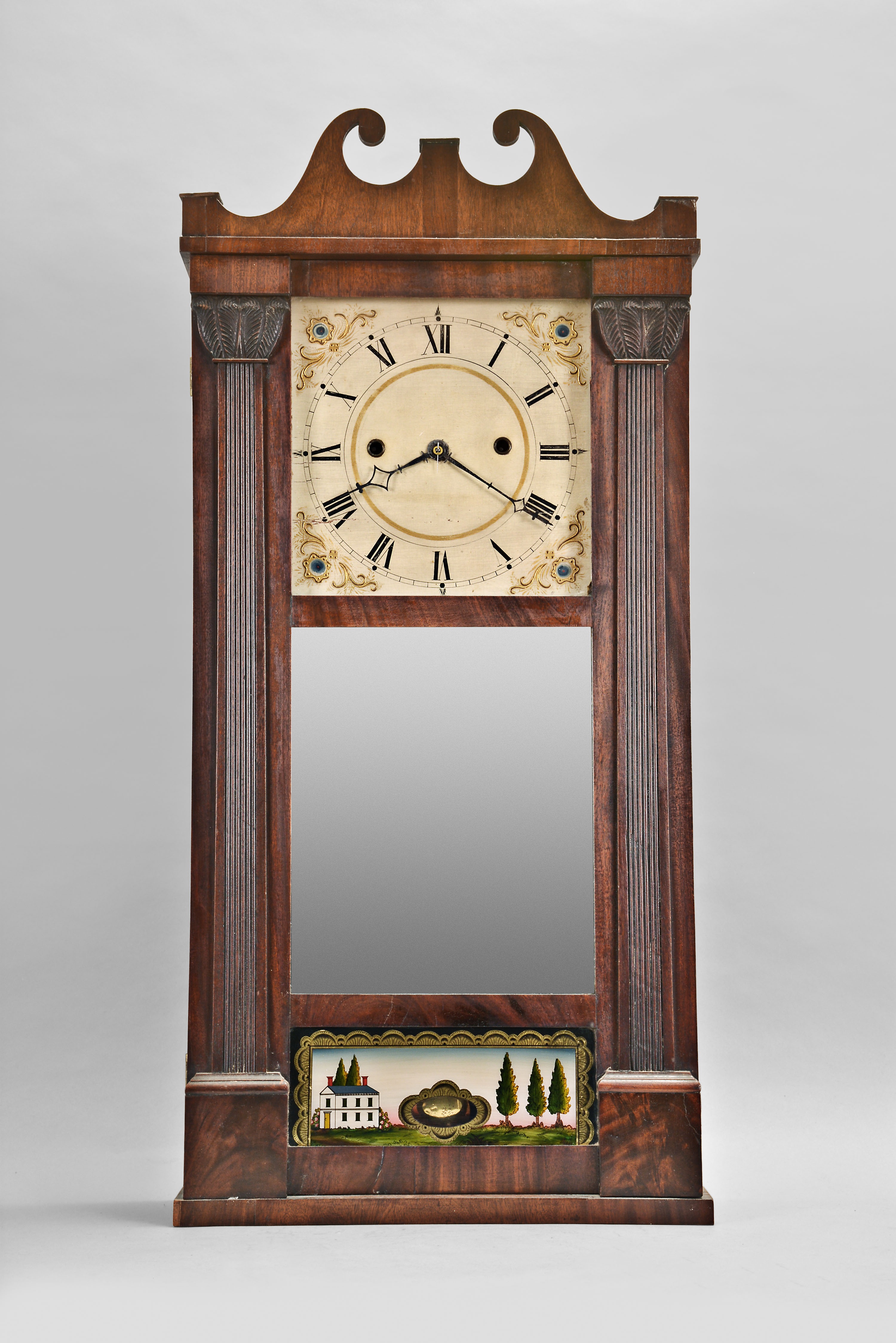 Ives &amp; Lewis, Bristol Conn., 30 hour, time and strike weight seat board wood roller pinion movement reeded pilaster and scroll top shelf clock. — Antique Clocks Price Guide