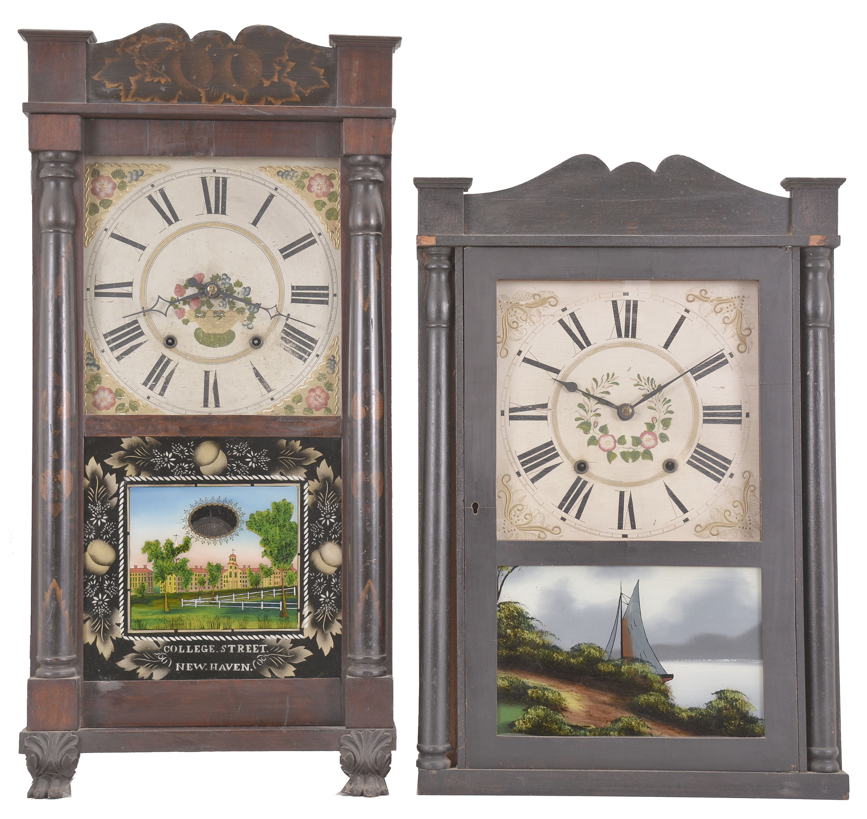 Clocks- 2 (Two): (1) E. Terry &amp; Son, Plymouth, Conn., 30 hour, time and strike weight wood movement half column &amp; splat shelf clock. c1830 (2) Olcott Cheney, Berlin, Conn., 30 hour, time and strike weight wood movement half column &amp; splat shelf clock. c1831 — Antique Clocks Price Guide