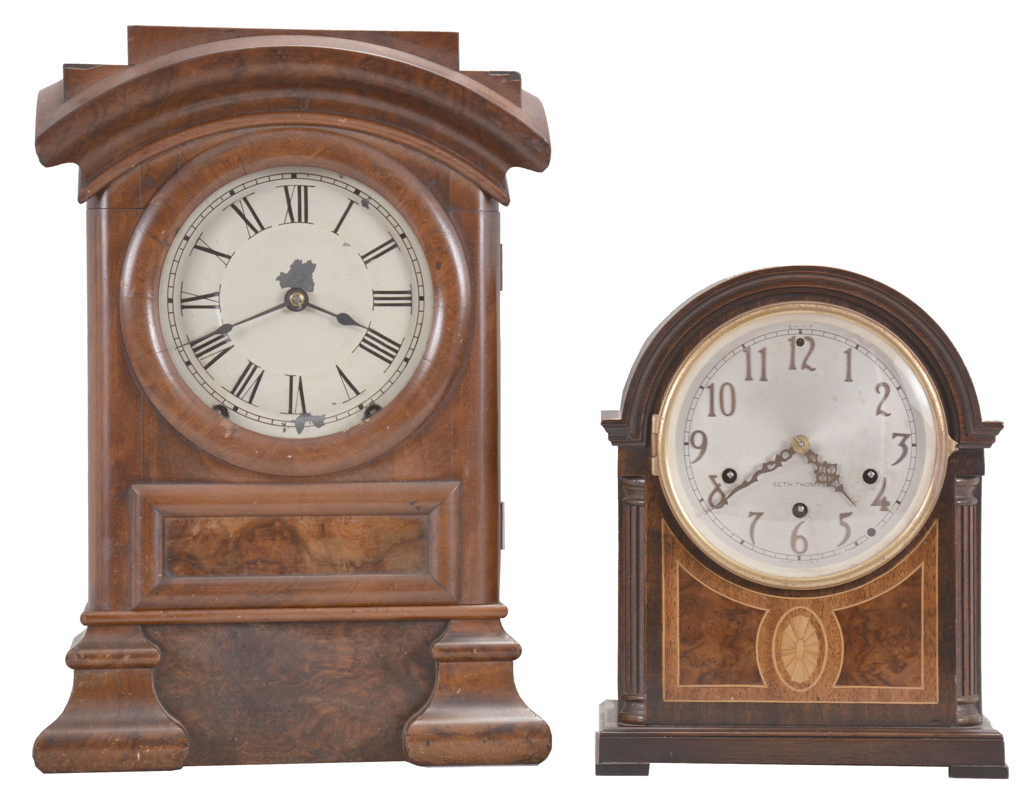 Clocks- 2 (Two): (1) Seth Thomas Clock Co., Thomaston, Conn., "Arch Top", 8 day, time and strike spring brass movement shelf clock. c1880 (2) Seth Thomas Clock Co., Thomaston, Conn., "Chime Clock No. 96", 8 day, time, strike, and chime on 4 rods spring brass movement mantel clock. c1928 — Antique Clocks Price Guide