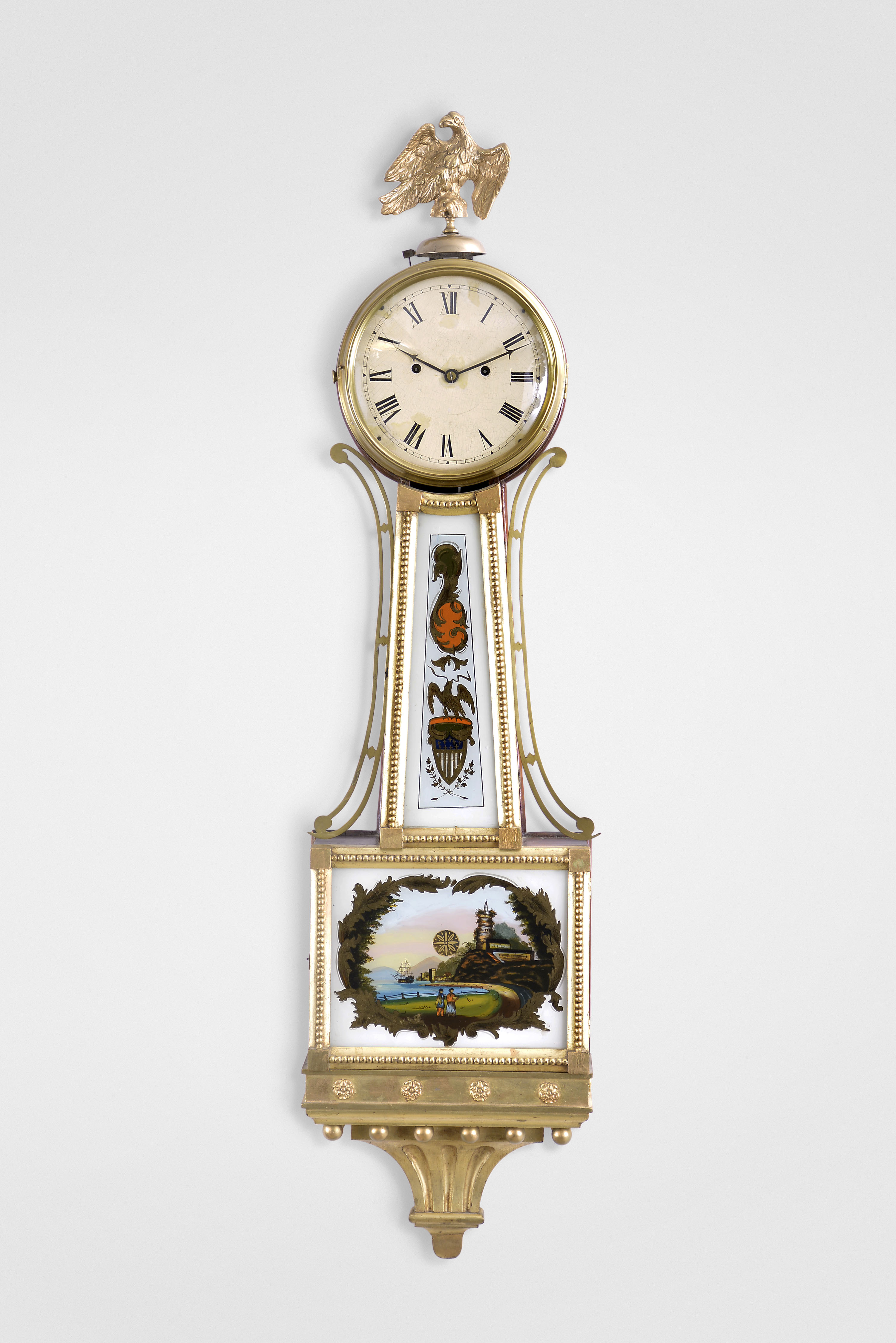 Unknown, Massachusetts, 8 day, time and strike weight brass movement patent or banjo timepiece. — Antique Clocks Price Guide