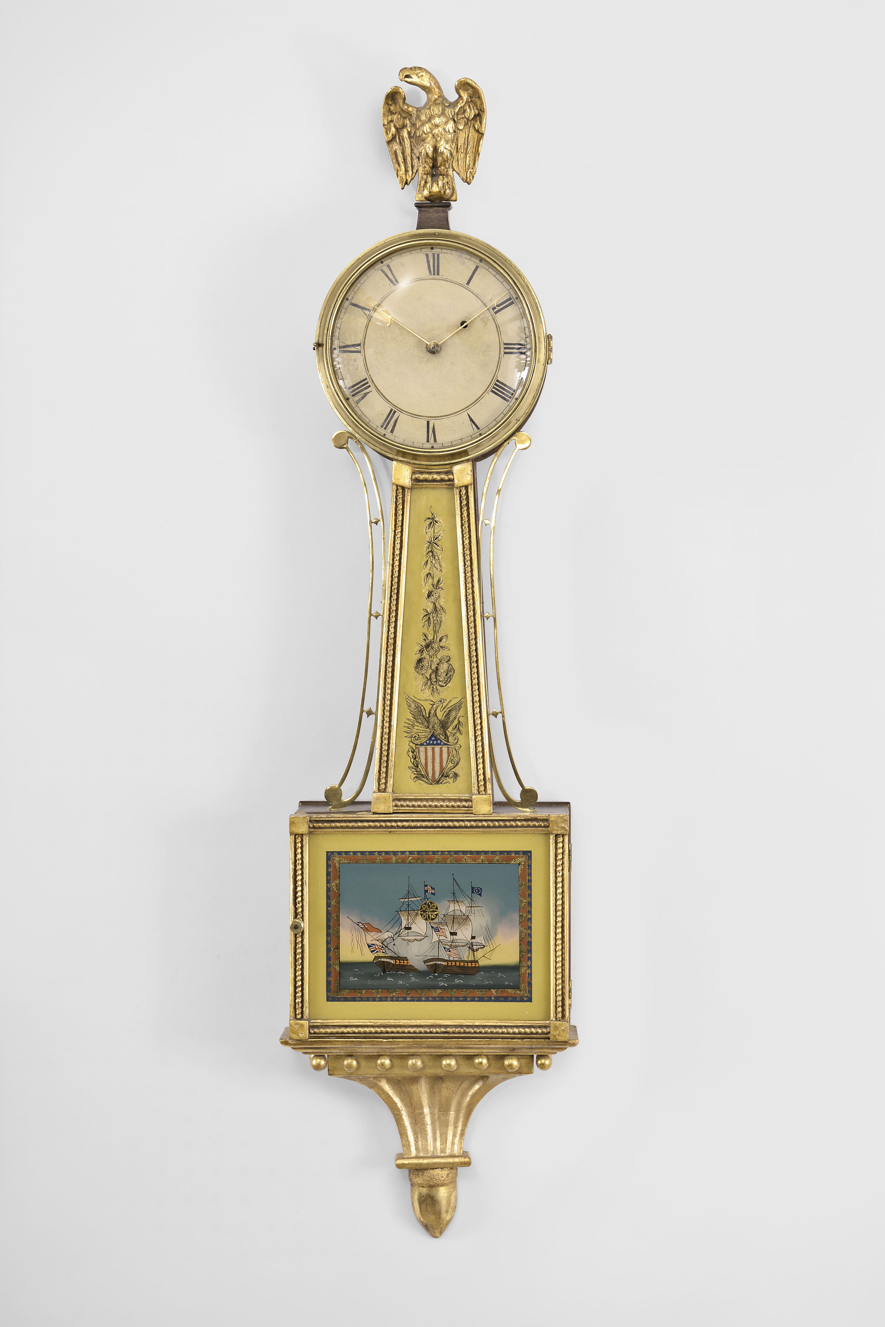 Massachusetts, 8 day, weight brass movement patent or banjo wall timepiece. — Antique Clocks Price Guide