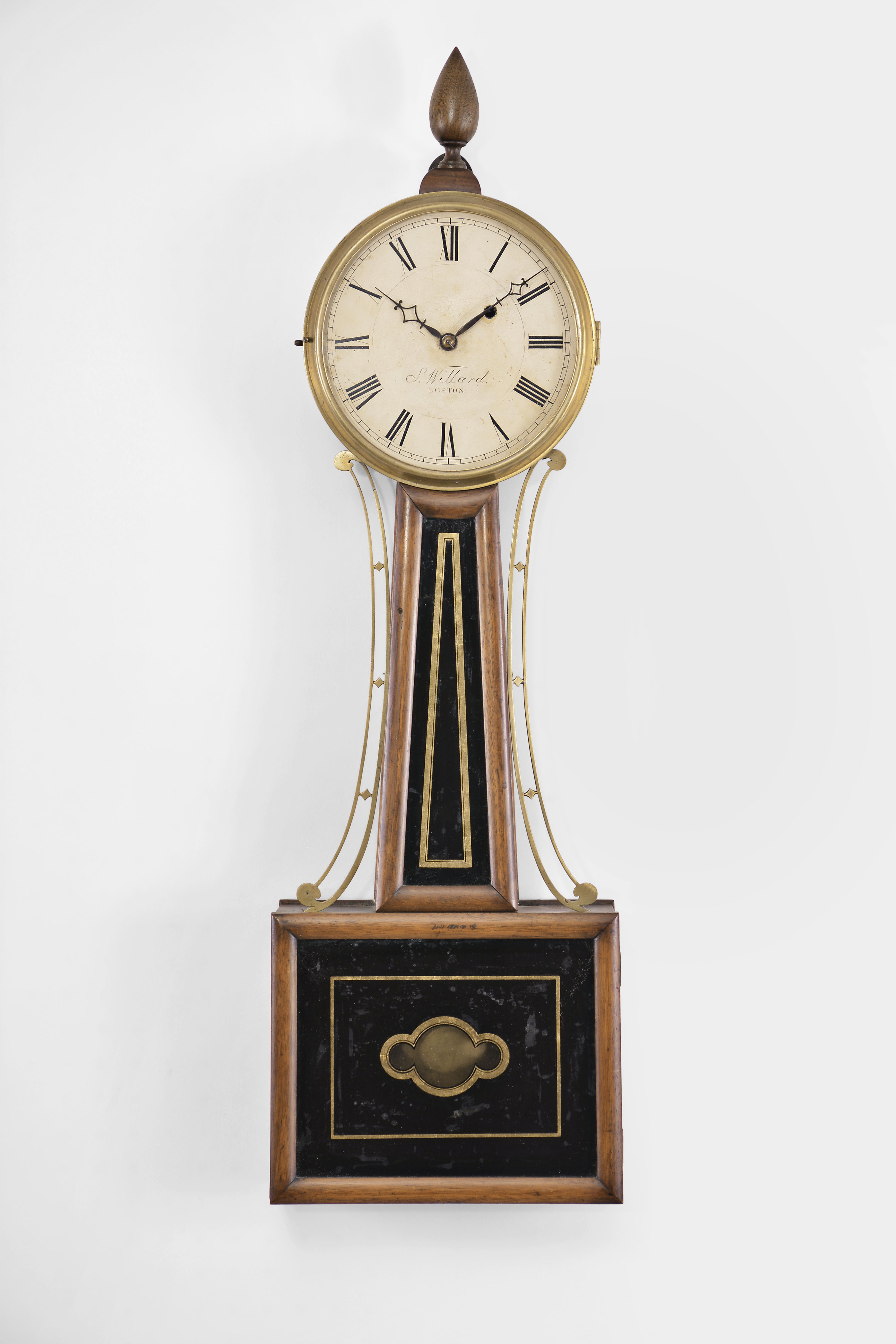 Unknown, Boston, 8 day, weight brass movement patent or banjo wall timepiece. — Antique Clocks Price Guide