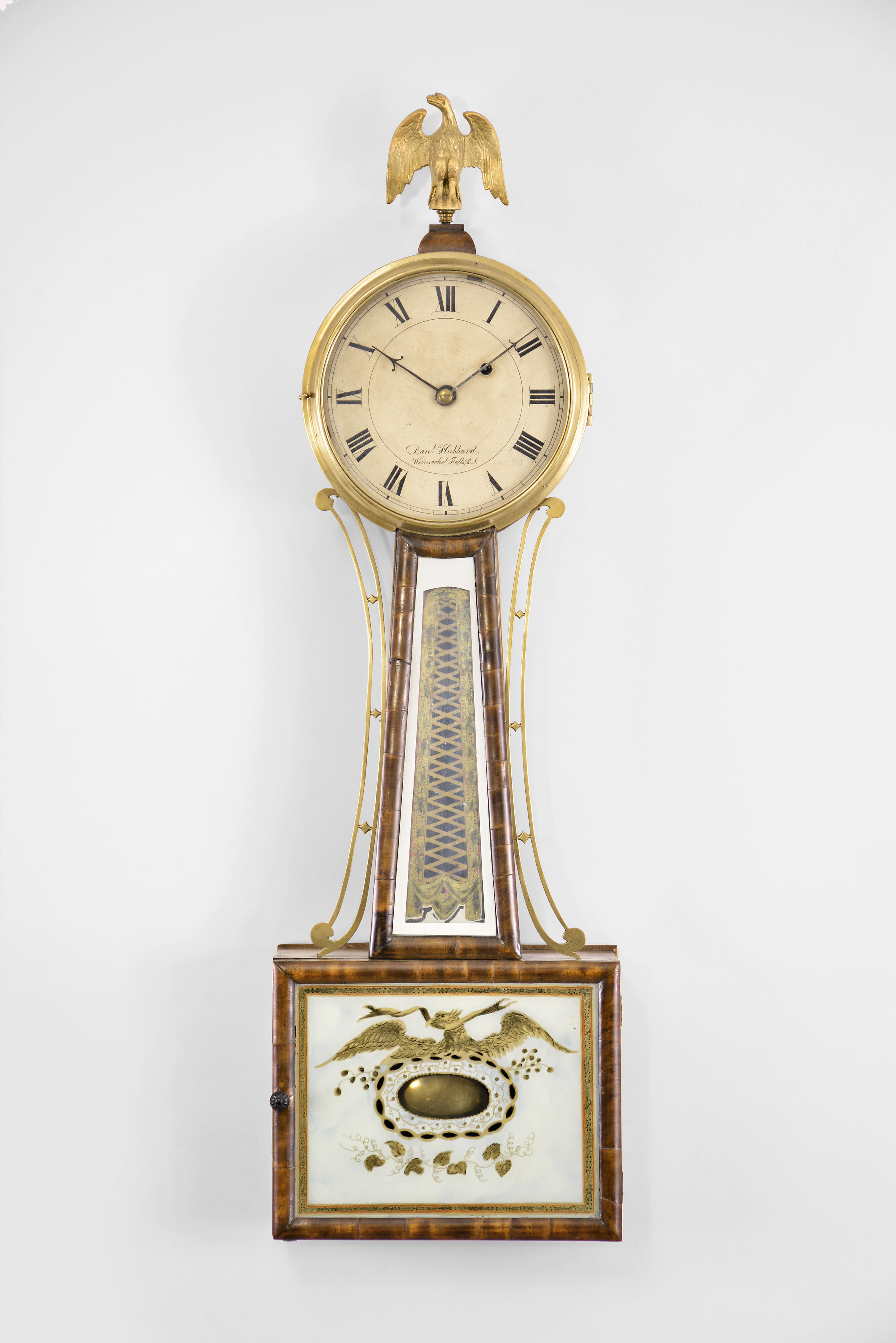 Daniel Hubbard, Woonsocket, Rhode Island, 8 day, weight brass movement patent or banjo wall timepiece. — Antique Clocks Price Guide