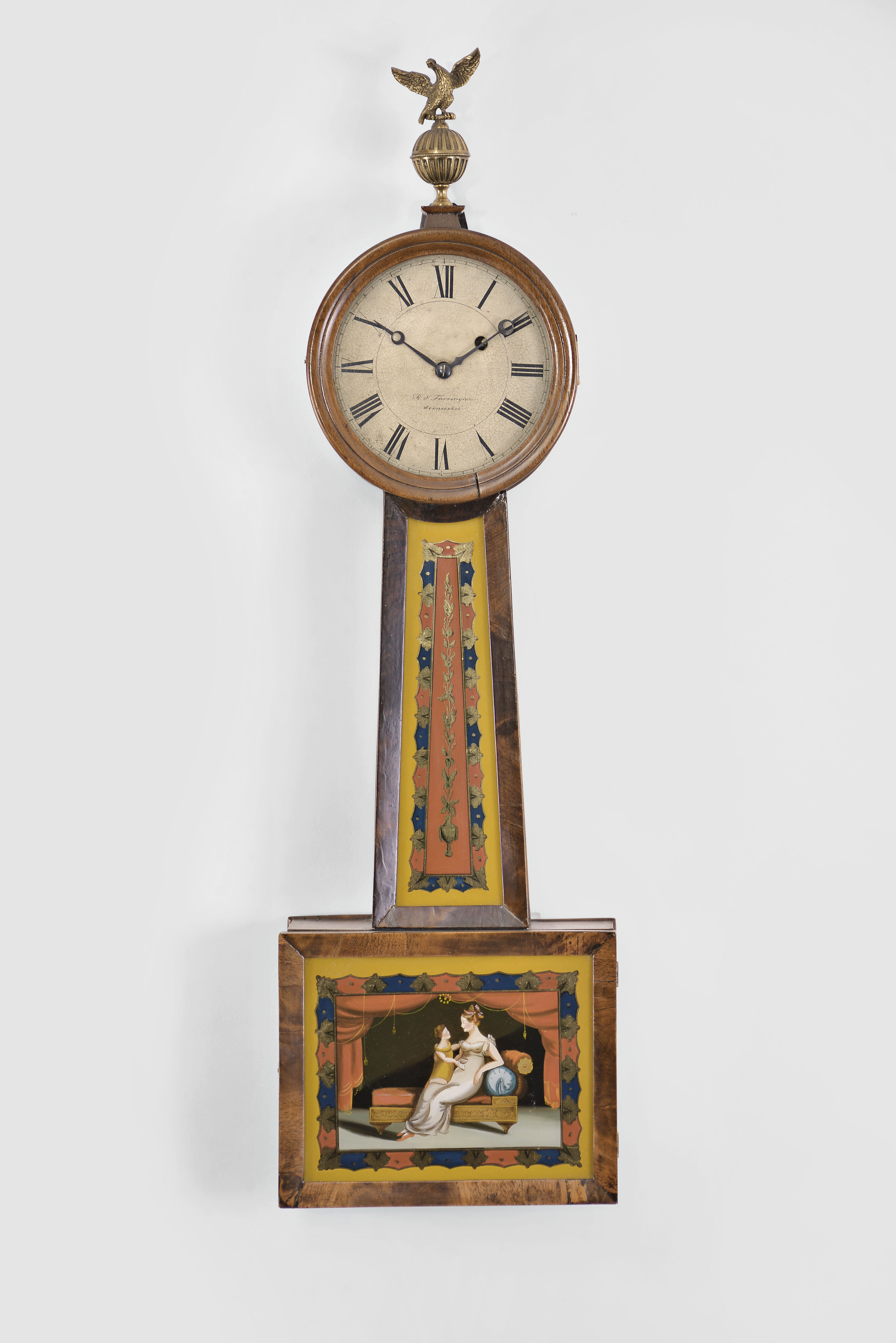 B. S. Farrington, Woonsocket, Rhode Island, 8 day, weight brass movement patent or banjo wall timepiece. — Antique Clocks Price Guide