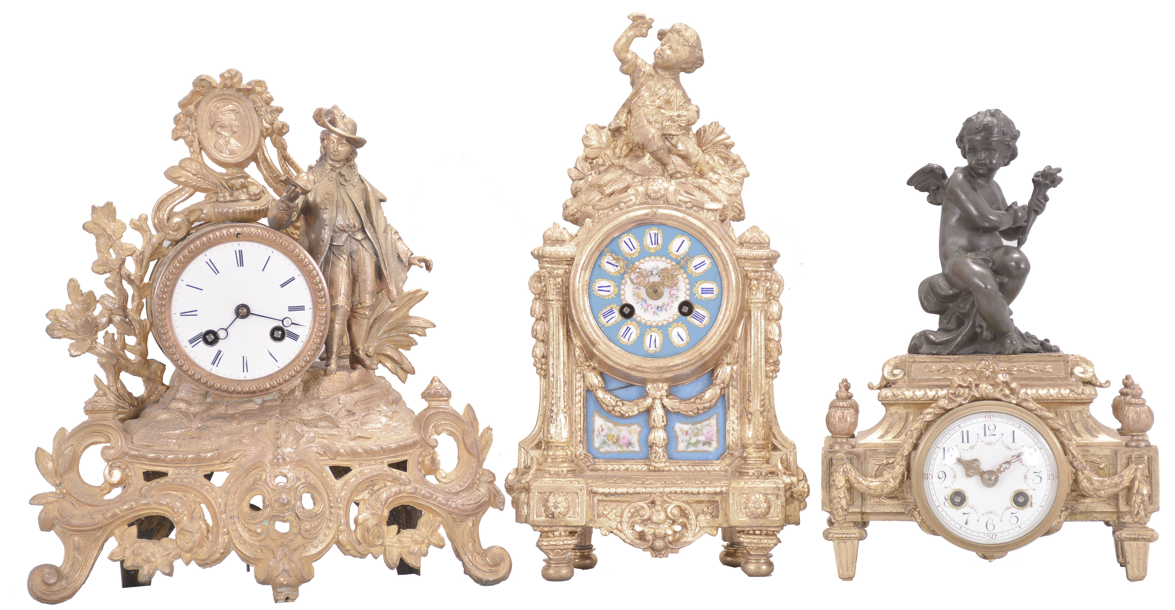Clocks- 3 (Three) French: (1) Japy Freres &amp; Cie, Paris, figural mantel clock, 8 day, time and strike, spring driven pendule de Paris movement in a gilt cast metal case featuring a finely dressed young man, c1865; (2) France, mantel clock, 8 day, time and strike, spring driven pendule de Paris movement in a gilt cast case with polychrome dial and panel surmounted by a boy holding a bird; (3) AD Mougin, Paris, mantel clock, 8 day, time and strike, spring driven movement with lever escapement in a gilt cast case with enamel dial, surmounted by a putto figure holding a torch, c1900. — Antique Clocks Price Guide