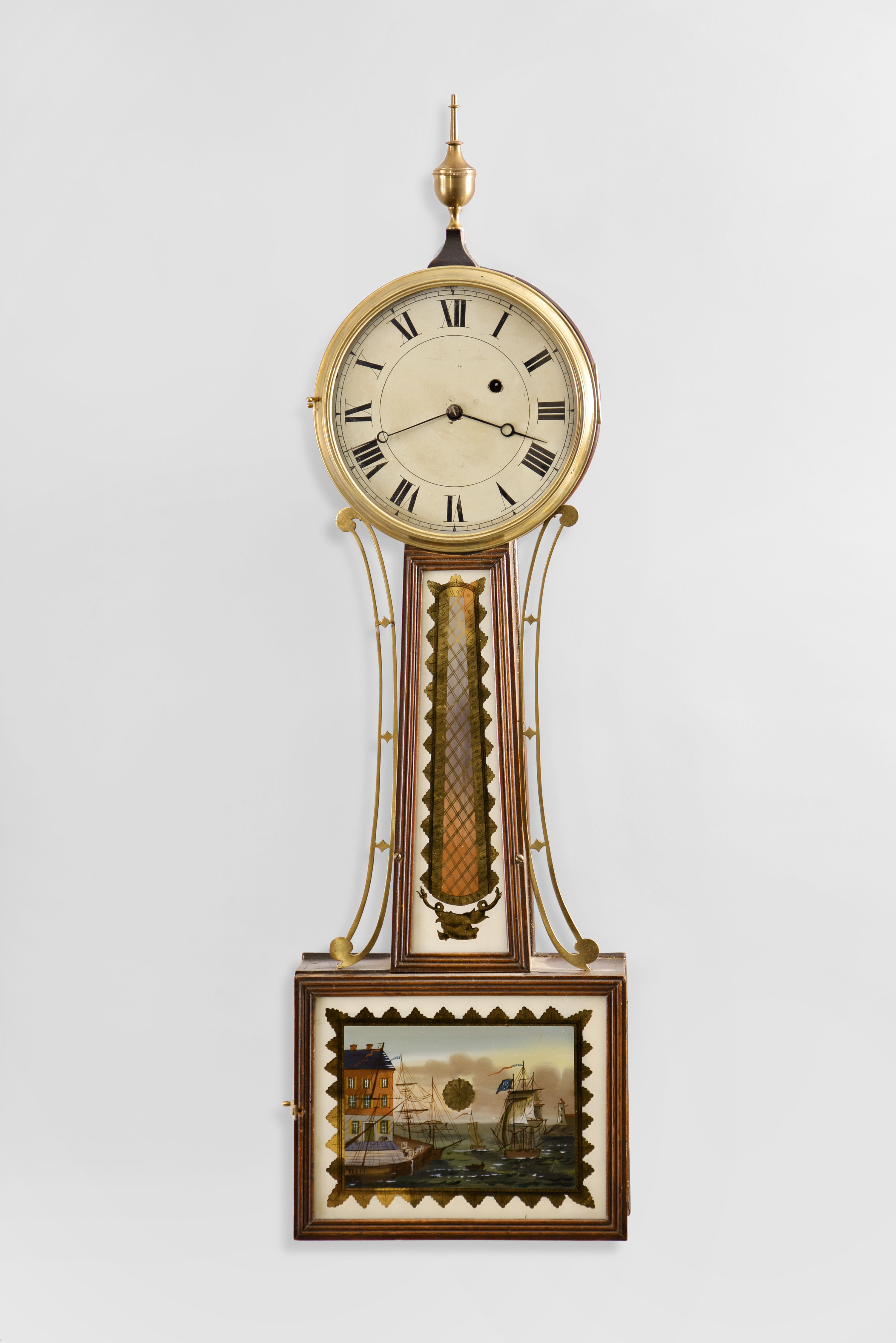 Unsigned, Massachusetts, 8 day, weight brass movement patent or banjo wall timepiece. — Antique Clocks Price Guide