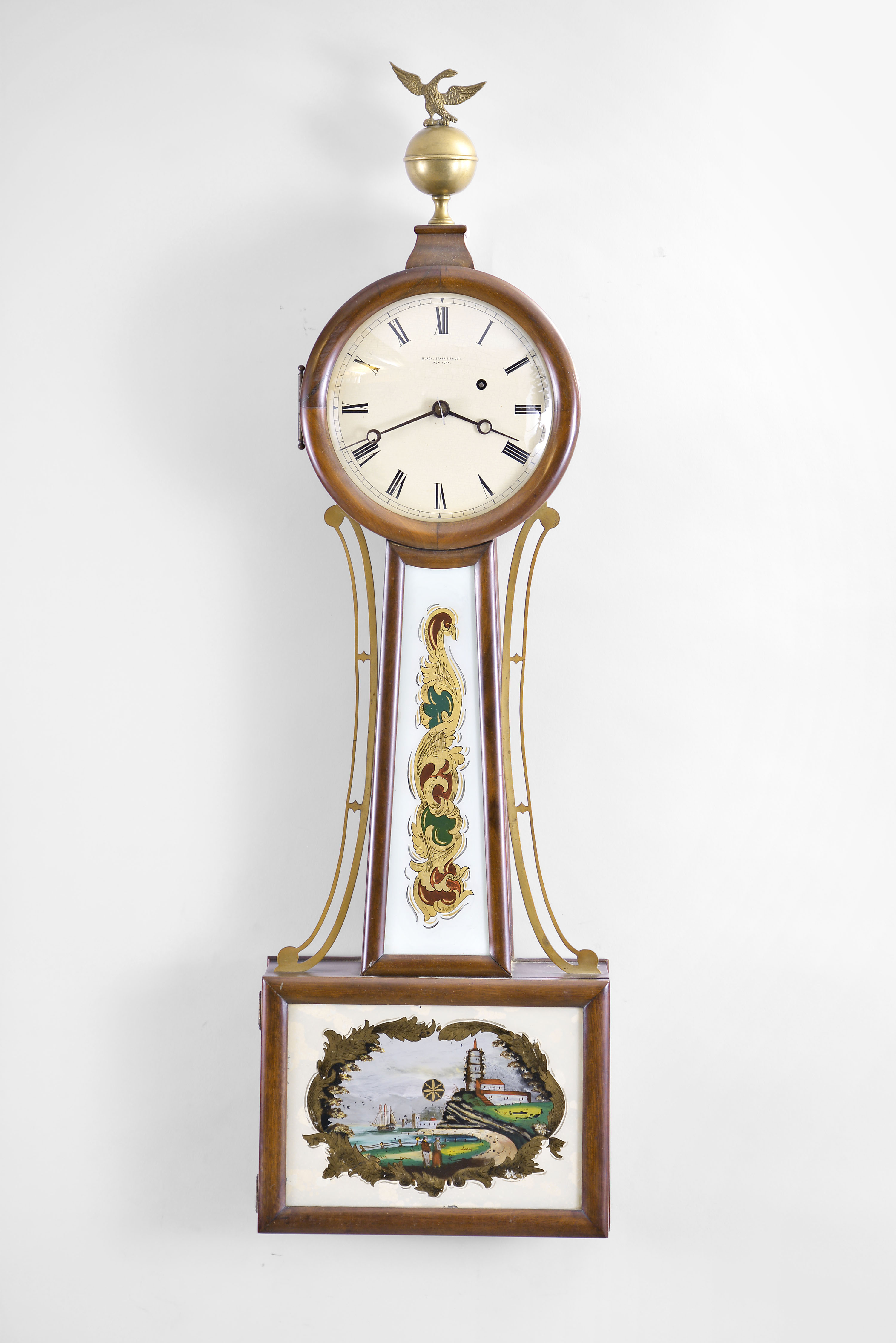 Chelsea Clock Co., Boston, Mass, 8 day, weight brass movement patent or banjo wall timepiece. Serial No. 1849 — Antique Clocks Price Guide