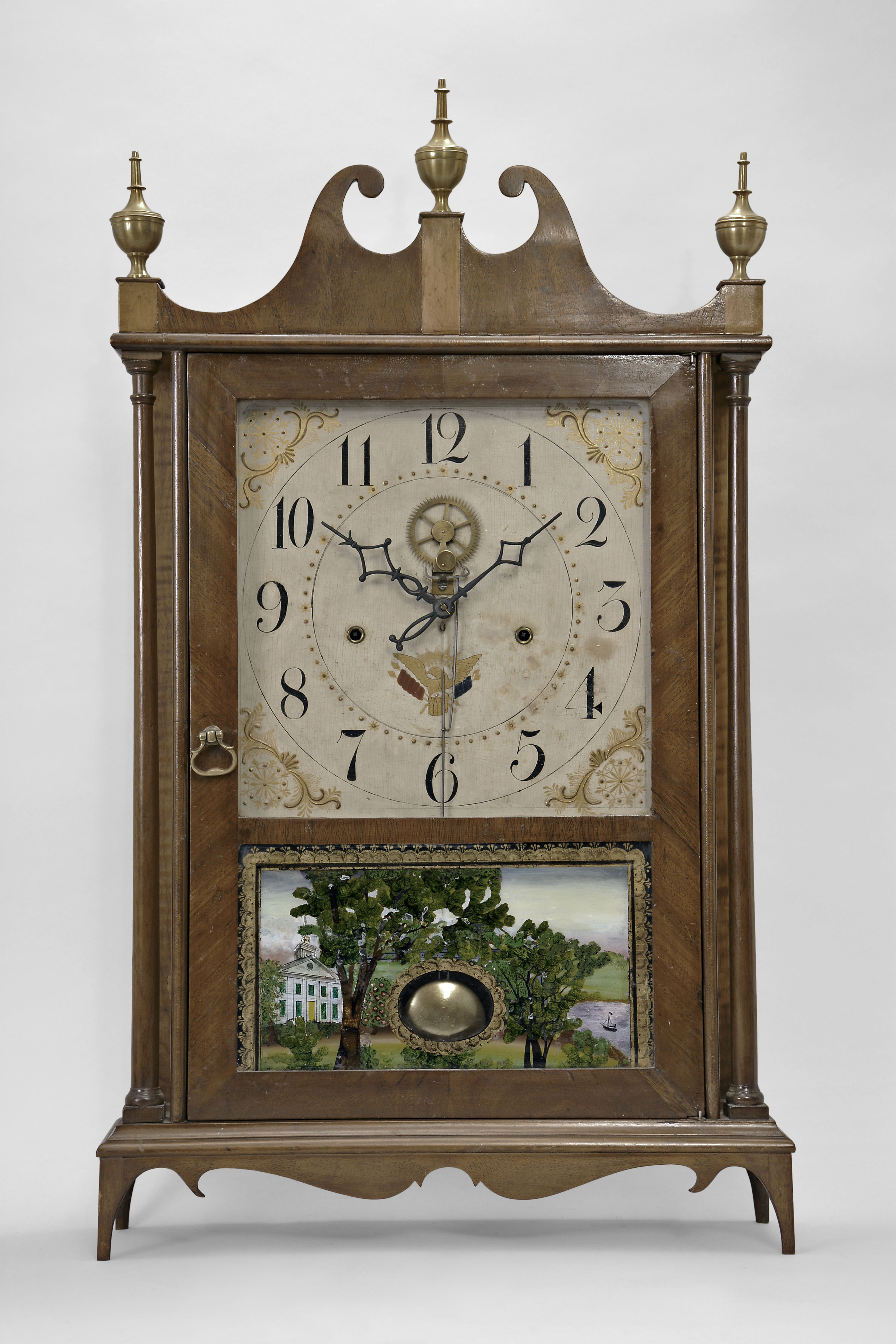 Eli Terry, Plymouth, Conn., 30 hour, time and strike weight wood movement outside escapement pillar &amp; scroll shelf clock. — Antique Clocks Price Guide