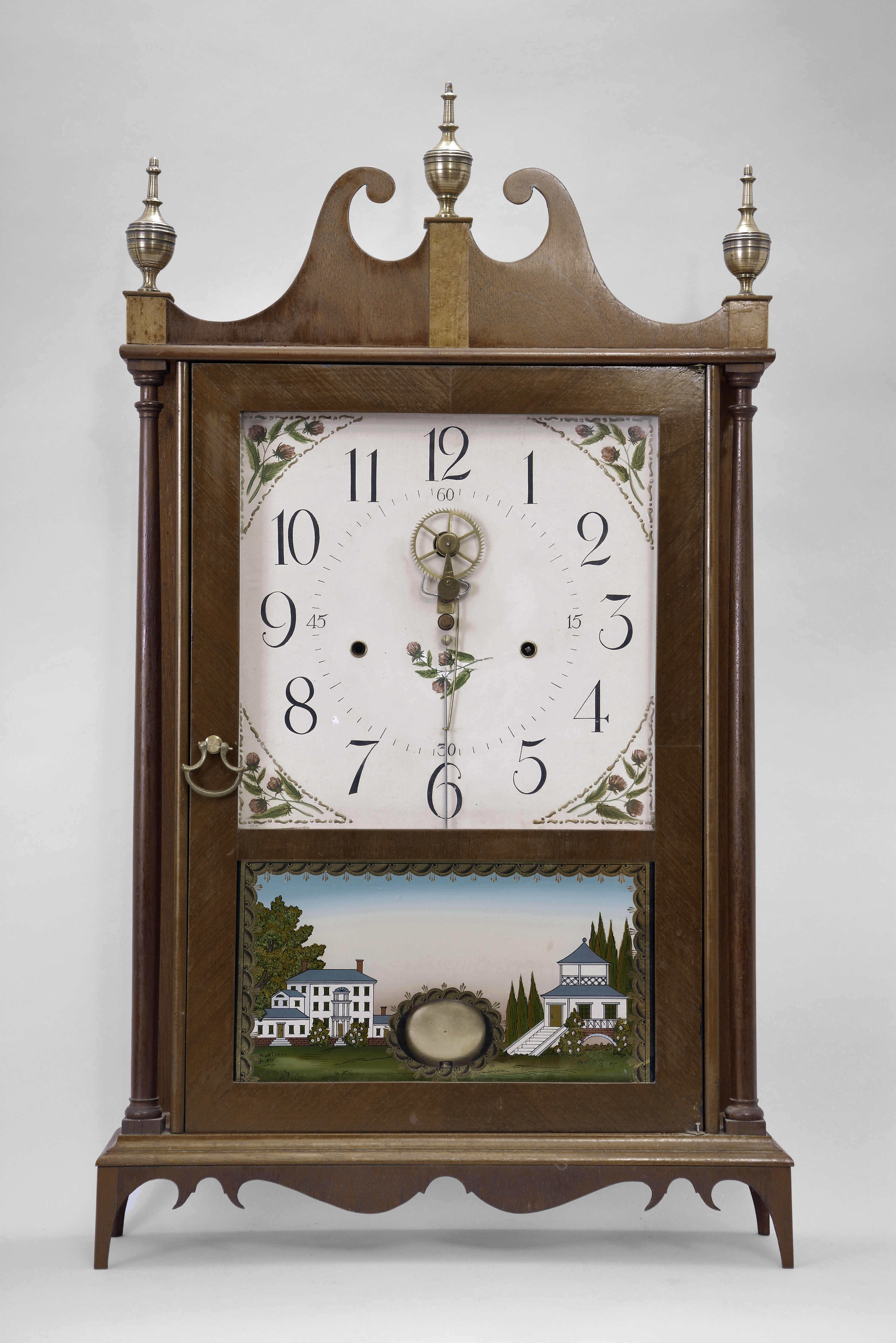 George Bruno, Torrington, Conn. reproduction of a 30 hour, time and strike weight wood movement outside escape pillar &amp; scroll shelf clock. — Antique Clocks Price Guide