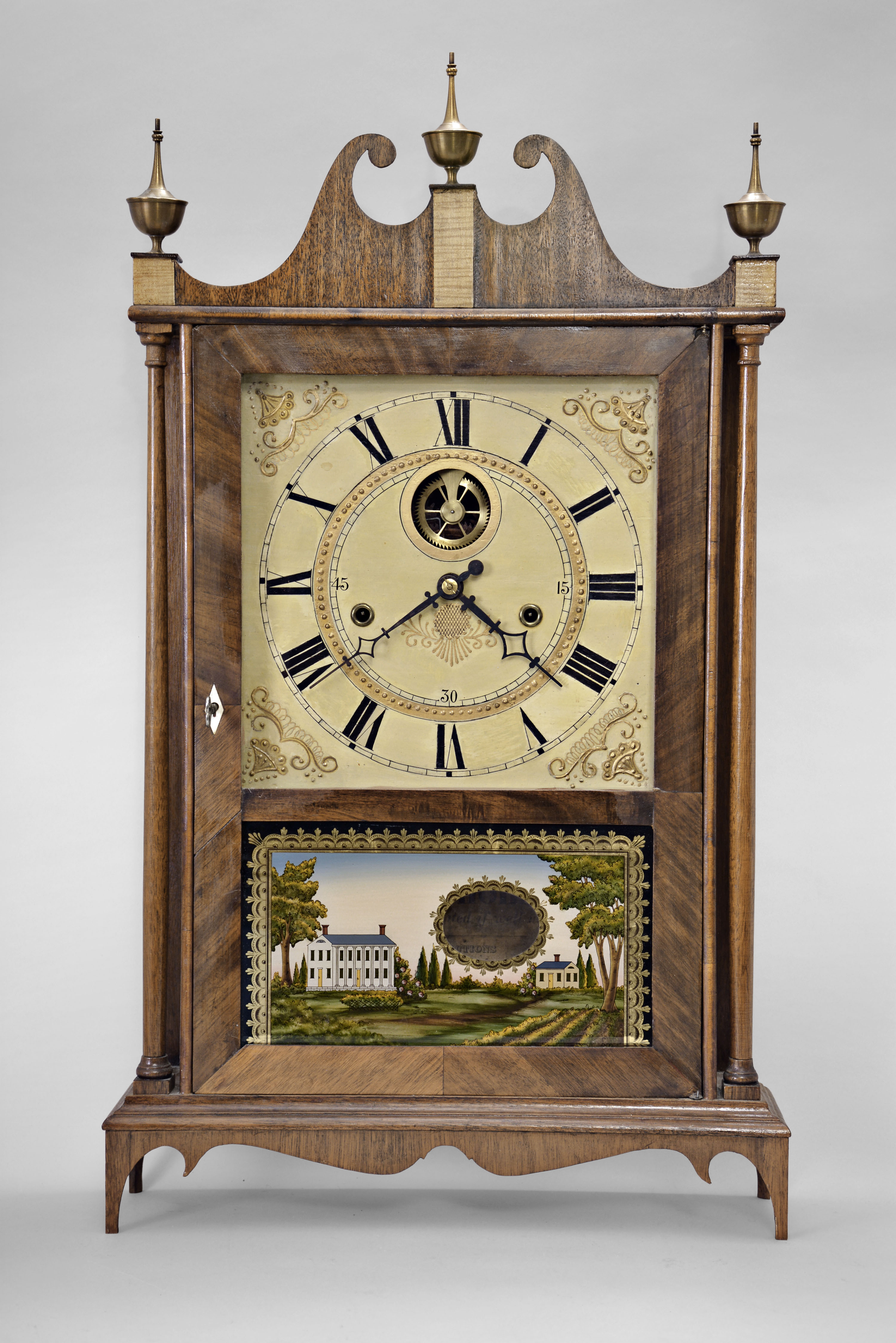Reproduction of a Seth Thomas, Plymouth, Conn., 30 hour, time and strike weight wood off-center movement pillar &amp; scroll shelf clock. — Antique Clocks Price Guide