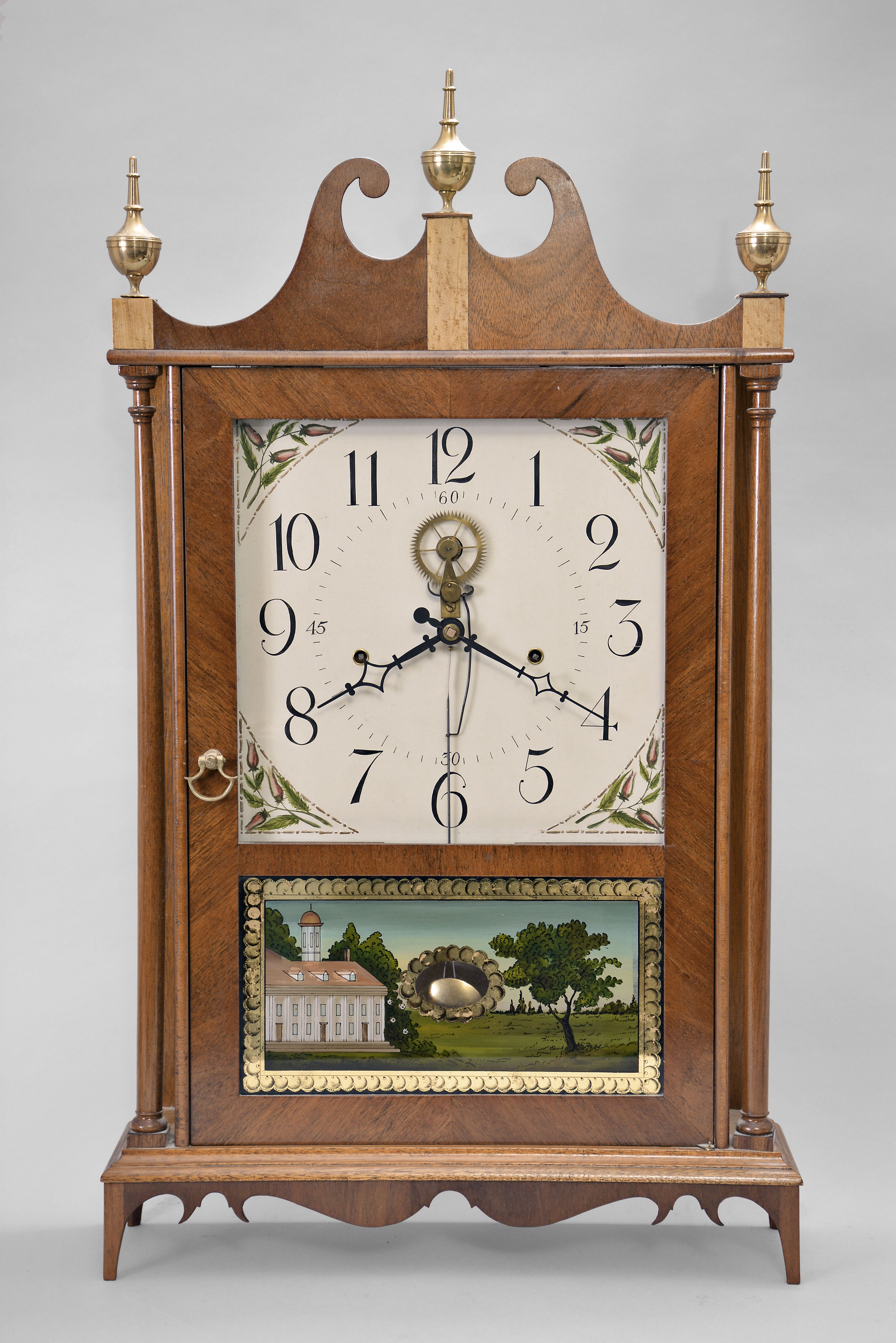 George Bruno, Torrington, Conn. reproduction of a 30 hour, time and strike weight wood movement outside escape pillar &amp; scroll shelf clock. — Antique Clocks Price Guide