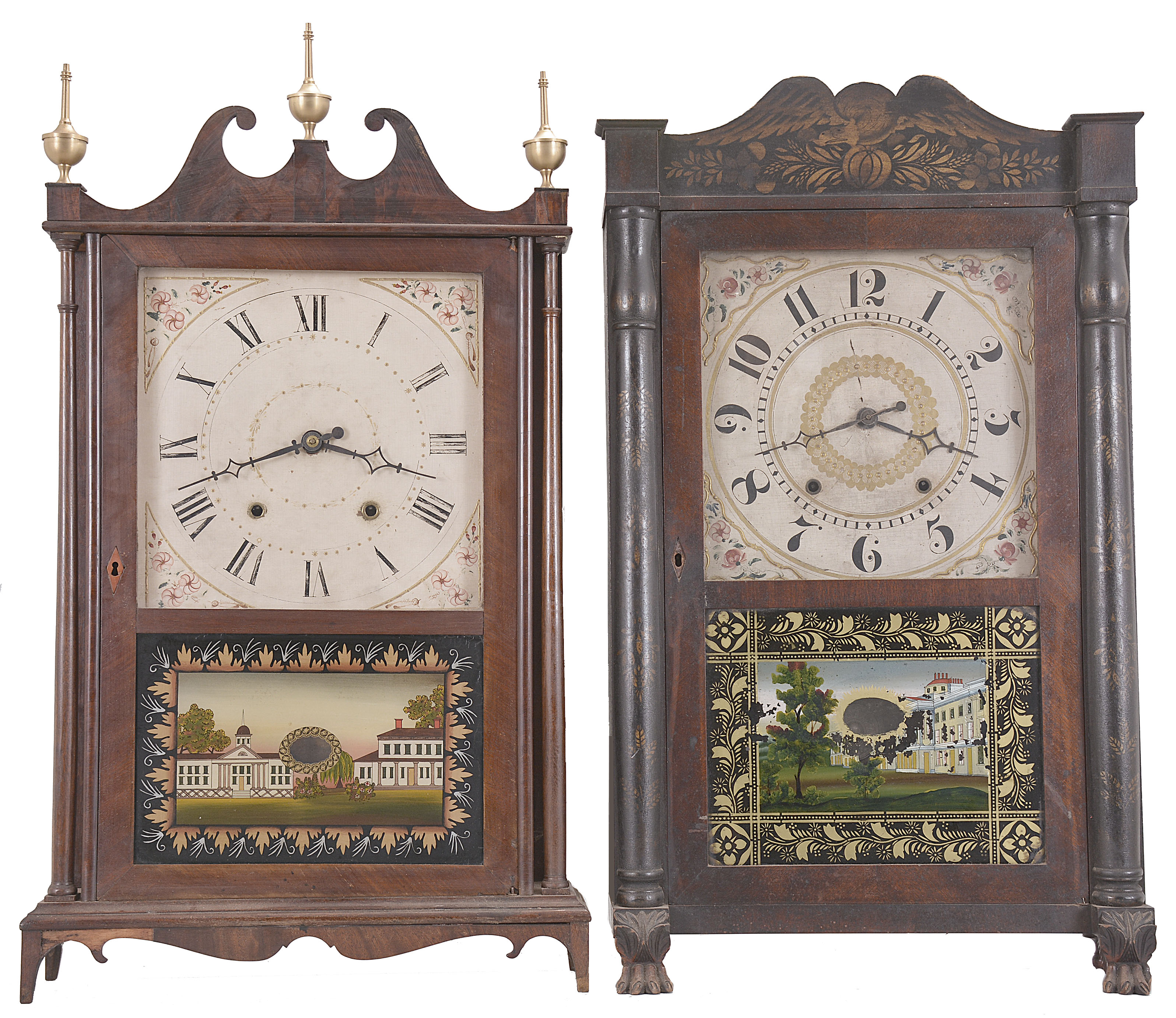 Clocks- 2 (Two): (1) Charles Kirke, Bristol, Conn., 30 hour, time and strike weight wood movement pillar &amp; scroll shelf clock. c1830. (2) M. &amp; E. Blakesley, Plymouth, Conn., 30 hour, time and strike weight wood movement half column &amp; splat shelf clock with carved paw feet. c1830 — Antique Clocks Price Guide