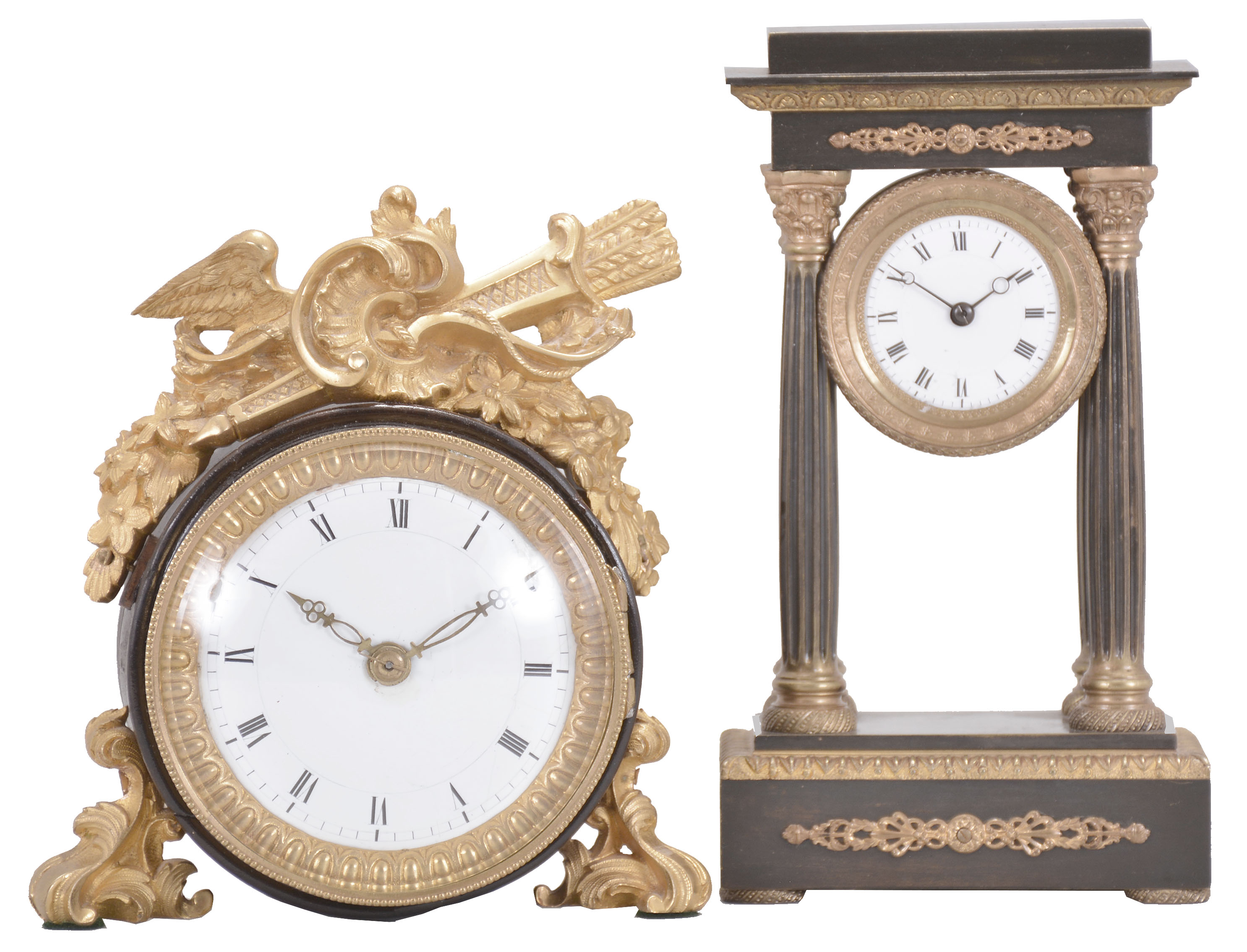 Clocks- 2 (Two) French desk: (1) Japy Freres, Paris, desk clock, 8 day, time only, spring driven movement with lever escapement in a wood drum case supported by gilt brass feet and topped with gilt brass ornament, c1905; (2) France, miniature clock, 8 day, time only, spring driven movement in a metal case in the form of an Empire portico clock, white enamel dial and blued steel Breguet style hands, c1915. — Antique Clocks Price Guide