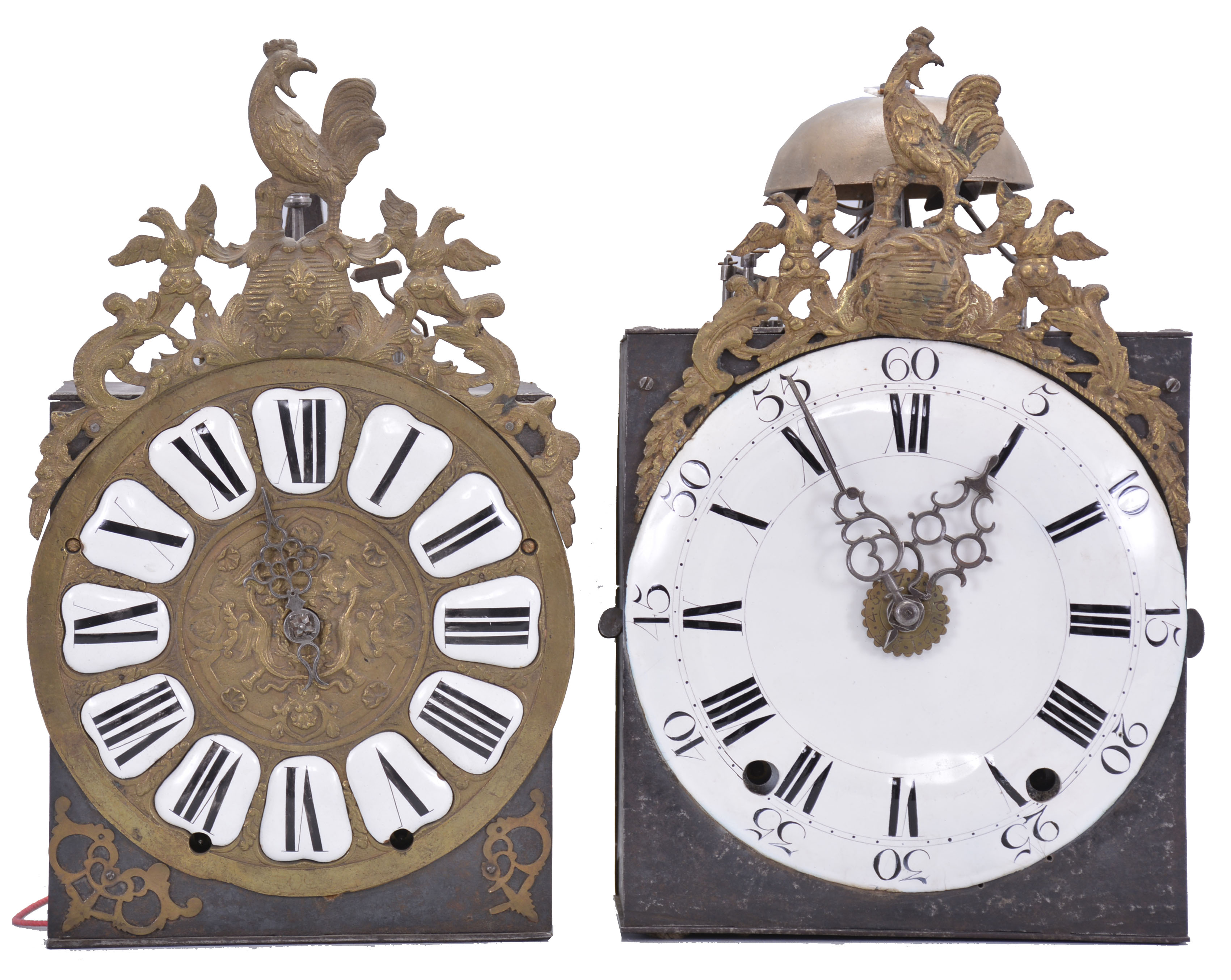 Clocks- 2 (Two) Comtoise: (1) France, bronze-front Comtoise clock, 8 day, time and strike, weight driven movement, verge escapement, thread suspension with rear-hanging pendulum in an iron post and plate frame, cast brass dial with inset white enamel cartouche numerals, single iron hand, two pierced brass spandrels, topped by cast fronton featuring a backward facing Gallic rooster above a medallion with three fleur de lis, circa mid 18th Century. (2) France, bronze-front Comtoise wall clock, 8 day, time and strike with alarm, weight driven movement with verge escapement, thread suspension with rear-hanging pendulum in an iron post and plate frame, early enamel dial with concave center and convex chapter, Roman numerals for the hours, large Arabic numerals at 5 minute intervals, two iron hands, cast bronze fronton with backward facing Gallic rooster above a medallion, second half of the 18th Century. — Antique Clocks Price Guide