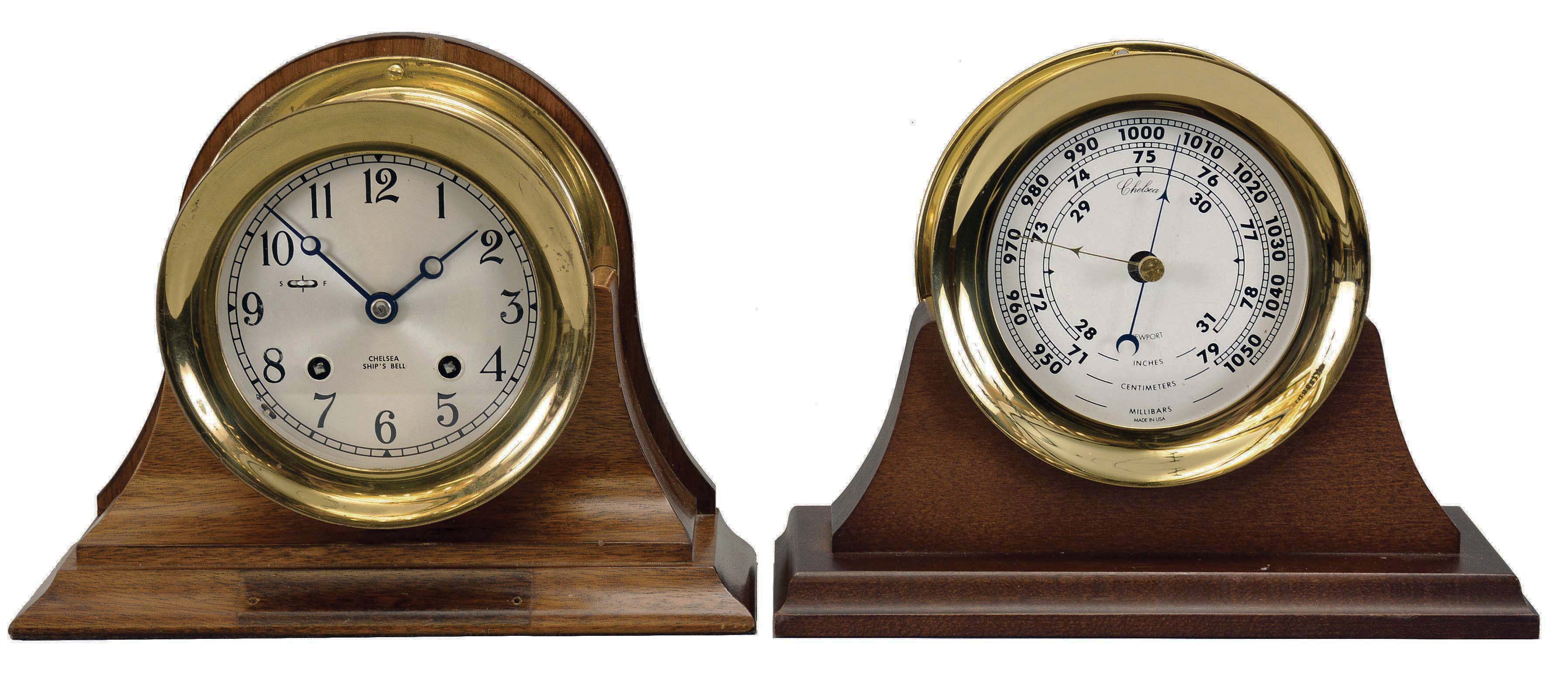 Chelsea Clock Co., Boston, Mass., marine clock, 8 day, time and ship's bell, spring driven movement with jeweled escapement in a brass case with screw-on bezel, 4 inch silvered dial mounted to a mahogany stand. Lot also includes a Chelsea barometer with a 4 inch white dial on a dark mahogany stand. — Antique Clocks Price Guide