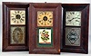 Clocks- 6 (Six): (1) C. & H. S. Sawyer, Colebrook River, Conn., 30 hour, time and strike, weight brass movement OG shelf clock, c1840; (2) Alden A. Atkins, Bristol, Conn., 30 hour, time and strike, weight brass movement OG shelf clock, c1842. (3) Chauncey Jerome, New Haven, Conn., 30 hour, time and strike, weight brass movement OG shelf clock, c1845. (4) Morse & Co., Plymouth Hollow, Conn., 30 hour, time and strike, weight brass movement OG shelf clock, c1850 (5) Seth Thomas Clock Co., Plymouth Hollow Hollow, Conn., 30 hour, time and strike, weight brass movement OG shelf clock, c1860 (6) Chauncey Jerome, New Haven, Conn., 30 hour, time and strike, weight brass movement OG shelf clock, c1850