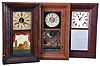 Clocks- 6 (Six): (1) L.J. & L. Strickland, Otis, Mass., 30 hour, time and strike, weight brass movement OG shelf clock, c1845; (2) Terry & Andrews, Bristol, Conn., 30 hour, time and strike, weight brass movement OG shelf clock, c1850. (3) Clarke, Gilbert & Co., Bristol, Conn., 30 hour, time and strike, weight brass movement OG shelf clock, c1841. (4) Connecticut Clock Co., New York, 30 hour, time and strike, weight brass movement OG shelf clock, c1850. (5) Jeromes, Gilbert, Grant & Co., Bristol, Conn., 30 hour, time and strike, weight brass movement OG shelf clock, c1840. (6) Chauncey Boardman, Bristol, Conn., 30 hour, time and strike, weight wood movement Bevel case shelf clock, c1840.
