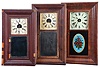 Clocks- 8 (Eight): (1) Waterbury Clock Co., Waterbury, Conn., 8 day, time and strike, weight brass movement OOG shelf clock, c1860; (2) Ansonia Brass Company, Ansonia, Conn., 30 hour, time and strike, weight brass movement OG shelf clock, c1860. (3) William S. Johnson, New York, 30 hour, time and strike, weight brass movement OG shelf clock, c1855. (4) Daniel Pratt & Sons, Boston, Mass., 8 day, time and strike, weight brass movement OG shelf clock, c1850 (5) Birge, Peck & Co., Bristol, Conn., 8 day, time and strike, weight brass movement OG shelf clock, c1855. (6) Elisha Manross, Bristol, Conn., 30 hour, time and strike, weight brass movement OG shelf clock, c1850. (7) Chauncey, Boardman, Bristol, Conn., 30 hour, time and strike, weight brass movement OG shelf clock, c1850 (8) E. C. Brewster & Co., Bristol, Conn., 30 hour, time and strike, spring brass iron backplate OG shelf clock, c1842.