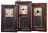 Clocks- 8 (Eight): (1) Henry C. Smith, Plymouth, Conn., 30 hour, time and strike, weight wood movement beveled case shelf clock, c1840; (2) Jones & Frisbee, New Hartford, Conn., 30 hour, time and strike, weight brass movement OG shelf clock, c1840. (3) Morse & Co., Plymouth Hollow, Conn., 30 hour, time and strike, weight brass movment OG shelf clock, c1855. (4) New Haven Clock Co., New Haven, Conn., 30 hour, time and strike, weight brass movement OG shelf clock, c1860 (5) New Haven Clock Co., New Haven, Conn., 8 day, time and strike, weight brass movement OOG shelf clock, c1870. (6) Smith Brothers Establishment, New York, 30 hour, time, strike and alarm weight brass movement OG shelf clock, c1850 (7) Forestville Manufacturing Co., (J.C. Brown), Bristol, Conn., 8 day, time and strike, weight brass movement OOG shelf clock, c1850 (8) Chauncey Jerome, New Haven, Conn., 8 day, time and strike, weight brass movement OOG shelf clock, c1850