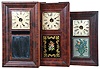 Clocks- 8 (Eight): (1) Alfred Lowrey, Bristol, Conn., 30 hour, time and strike, weight brass movement OG shelf clock, c1845; (2) Waterbury Clock Co., Waterbury, Conn., 8 day, time, strike and alarm weight brass movement OG shelf clock. (3) New Haven Clock Co., New Haven, Conn., 30 hour, time, strike and alarm weight brass movement OG shelf clock, c1870 (4) Waterbury Clock Co., Waterbury, Conn., 30 hour, time and strike, weight brass movement OG shelf clock. (5) William S. Johnson, New York, 30 hour, time and strike, weight brass movement OG shelf clock, c1855 (6) Chauncey Jerome, New Haven, Conn., 8 day, time and strike, weight brass movement OOG shelf clock, c1850 (7) Jerome, & Company, New Haven, Conn., 8 day, time and strike, weight brass movement) OG shelf clock, c1870 (8) Chauncey Jerome, New Haven, Conn., 30 hour, time and strike, weight brass movement OG shelf clock, c1850