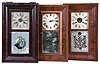 Clocks- 8 (Eight): (1) Terry & Andrews, Bristol, Conn., 30 hour, time and strike, weight brass movement OG shelf clock, c1850; (2) Ansonia Brass Co., Ansonia, Conn., 30 hour, time and strike, weight brass movement OG shelf clock, c1855 (3) Waterbury Clock Co., Waterbury, Conn., 30 hour, time and strike, weight brass movement OG shelf clock, c1860 (4) Jerome & Co., New Haven, Conn., 30 hour, time and strike, weight brass movement OG shelf clock, c1870 (5) Unknown, 46 Courtland St., New York, 30 hour, time and strike, weight brass movement OG shelf clock, c1850 (6) E. N. Welch Mfg. Co., Forestville, Conn., 30 hour, time, strike and alarm weight brass movement OG shelf clock, c1860 (7) Henry C. Smith, Bristol, Conn., 30 hour, time and strike, weight brass movement OG shelf clock, c1845 (8) Charles Stratton, Worcester, Mass., 30 hour, time and strike, weight wood movement bevel case shelf clock, c1841