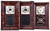 Clocks- 8 (Eight): (1) New Haven Clock Co., New Haven, Conn., 30 hour, time and strike, weight brass movement OG shelf clock, c1860; (2) Bristol Brass and Clock Co., Bristol, Conn., 30 hour, time, strike and alarm weight brass movement OG shelf clock, c1850 (3) William L. Gilbert, Winchester, Conn., 30 hour, time and strike, weight brass movement OG shelf clock, c1842 (4) H. Sperry, New York, 30 hour, time and strike, weight wood movement OG shelf clock, c1840 (5) Seth Thomas Clock Co., Thomaston, Conn., 8 day, time, strike and alarm weight brass movement OG shelf clock, c1870 (6) E. C. Brewster & Son, Bristol, Conn., 30 hour, time and strike, weight brass movement OG shelf clock, c1855 (7) Atkins, Porter & Co., Bristol, Conn., 30 hour, time and strike, weight brass movement OG shelf clock, c1843 (8) Hotchkiss & Fields, Burlington, Conn., 30 hour, time and strike, weight wood movement bevel case shelf clock, c1845