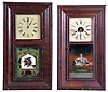 Clocks- 8 (Eight): (1) Ansonia Brass Co., Ansonia, Conn., 30 hour, time and strike, weight brass movement OG shelf clock, c1860; (2) Waterbury Clock Co., Waterbury, Conn., 30 hour, time and strike, weight brass movement OG shelf clock, c1860 (3) Chauncey Goodrich, Bristol, Conn., 30 hour, time and strike, weight brass movement OG shelf clock, c1852 (4) Terry & Andrews, Bristol, Conn., 30 hour, time and strike, weight brass movement OG shelf clock, c1845 (5) William S. Johnson, New York, 30 hour, time and strike, weight brass movement OG shelf clock, c1845 (6) Unknown, "46 Courtland St", New York, 30 hour, time and strike, weight brass movement OG shelf clock, c1850 (7) Forestville Mfg. Co., Forestville, Conn., 8 day, time and strike, weight brass movement OG shelf clock, c1850 (8) Jerome & Co., New Haven, Conn., 8 day, time and strike, weight brass movement OG shelf clock, c1870