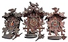 Clocks- 10 (Ten) German Cuckoo: most 30 hour, weight driven movemnts with 5 small modern cuckoos, and 5 vintage or antique cuckoos. One is a cuckoo and quail, and one has a rear label by The Swiss Clock Company, New York.