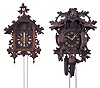 Clocks- 6 (Six) German Cuckoo: Assortment of Black Forest cuckoo clocks including 3 two-weight clocks and 3 three-weight cuckoo and quail clocks. Makers include: G.G.B., American Cuckoo Clock Co., and others which are not signed.