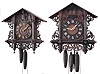 Clocks- 6 (Six) German Cuckoo: assortment of Black Forest cuckoo clocks including 4 two-weight clocks and 2 three-weight cuckoo and quail clocks. One of the two cuckoo and quail clocks has a wood plate movement. Makers include: George Kuehl Clock Co. (G.K.), American Cuckoo Clock Company, and others.