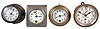 Clocks- 4 (Four) Dash-mounted Timepieces: items include timepiece by Chelsea Clock Co., Boston for Steward & Clark Mfg. Co., Chicago; Chas. E. Miller, New York timepiece in a brass case with enamel dial; New Haven Clock Co., "New Ormond" 8 day, timepiece in a brass case; New Haven "Savoy" 8 day, timepiece in nickel plated case.