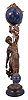 Ansonia Clock Co., New York, "Huntress" swinging mystery clock, 8 day, time only, spring-driven movement mounted inside a brass sphere with cast ribbon ornament and applied Arabic numerals, Louis XV style hands, the lower section in gridiron style with smaller sphere at the bottom, and held aloft by a patinated spelter figure of a young woman carrying game birds.