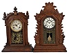 Clocks- 4 (Four) Gingerbread: (1) Waterbury Clock Co., Waterbury, Conn., unidentified model gingerbread mantel clock made for premium or mail order, 8 day, time and strike with simple calendar, spring-driven movement in a pressed oak case, c1900; (2) William L. Gilbert Clock Co., Winsted, Conn., "Laurel" mantel clock, 8 day, time and strike, spring-driven movement in a pressed oak case, c1895; (3) New Haven Clock Co., New Haven, Conn., "No. 505" mantel clock, 30 hour, time and strike with alarm, spring-driven movement in an ash case, c1885; (4) New Haven Clock Co., New Haven, Conn., "Camden B" mantel clock, 8 day, time and strike, spring-driven movement in a dark wood case, c1907.