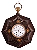 Clocks- 4 (Four) Hanging Clocks: (1) Japy Freres & Cie., France, octagonal wall clock, 8 day, time and strike, spring-driven pendule de Paris movement in a painted metal case with white enamel dial, c1900; (2) E. Ingraham, Bristol, Conn., "Dew Drop" wall clock, 8 day, time and simple calendar, spring-driven movement in an grain-painted case with 12 inch dial, c1900; (3) Wm. L. Gilbert, Winstead, Conn., wall clock, 8 day, time only, spring driven movement in a wood case with folk-stencil motif, c1935; (4) E.N. Welch, Forestville, Conn., "Donita" hanging clock, 8 day, time and strike, spring-driven movement in a walnut case with "Eclipse" pendulum, c1892.