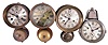 Clocks- 4 (Four) Seth Thomas Marine Clocks: two Seth Thomas Clock Co., "Ship's Bell" marine clocks, c1885, one "Monitor" c.1920, and one "Yacht Clock" c.1885, all 30 hour, time and ship's strike, spring-driven balance wheel movements in brass or nickel plated cases with hinged or bayonet bezels, silvered dials, and exterior bells.