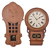 Clocks- 2 (Two) wood case wall clocks: (1) Sessions Clock Co., Forestville, Conn., "Ramona" wall timepiece, 8 day, time only, spring-driven movement in a Mission style oak case with cast numerals, brass hardware and hands, c1908; (2) England, Anglo-American wall clock, 8 day, time and strike, spring-driven movement by Waterbury in a walnut case with inlay and carved side pieces, c1880.