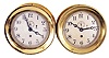 Clocks- 2 (Two) Chelsea Marine: Chelsea Clock Co., Boston, Mass., marine clocks, 8 day, time only, spring-driven jeweled balance wheel movements in brass cases, one with hinged bezel and one with screw-on bezel, 6 inch silvered dials with Arabic numerals and subsidiary seconds, blued steel hands.