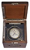 Hamilton Watch Co., Lancaster, Penn., model 22 chronometer watch with wind indicator, 35 size, 21 jewels, stem wind, pin set, adjusted to 6 positions and temperature, straight line damascened nickel plate movement, with lever escapement and micrometric regulator, Arabic numeral silvered metal dial, black steel spade and poker hands, the timepiece contained in a gimbaled bowl, and mounted in a three tier mahogany box, movement marked "U.S. Navy Bu. Ships", serial #2F7907